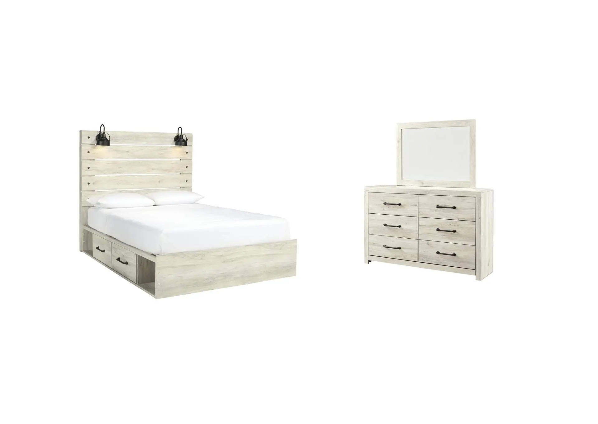 Cambeck Queen Panel Bed with 2 Storage Drawers with Mirrored Dresser
