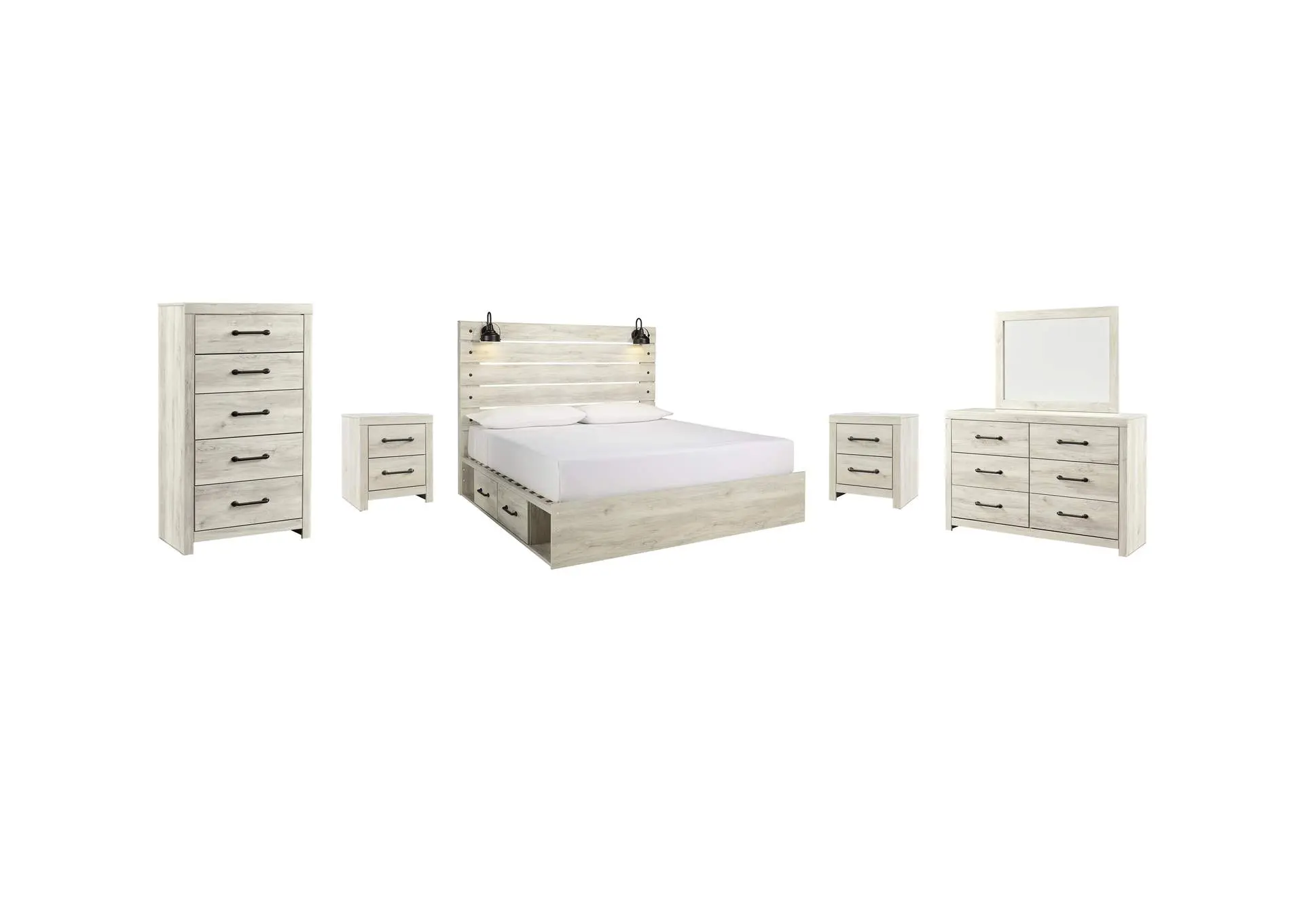 Cambeck King Panel Bed with 2 Storage Drawers with Mirrored Dresser, Chest and 2 Nightstands