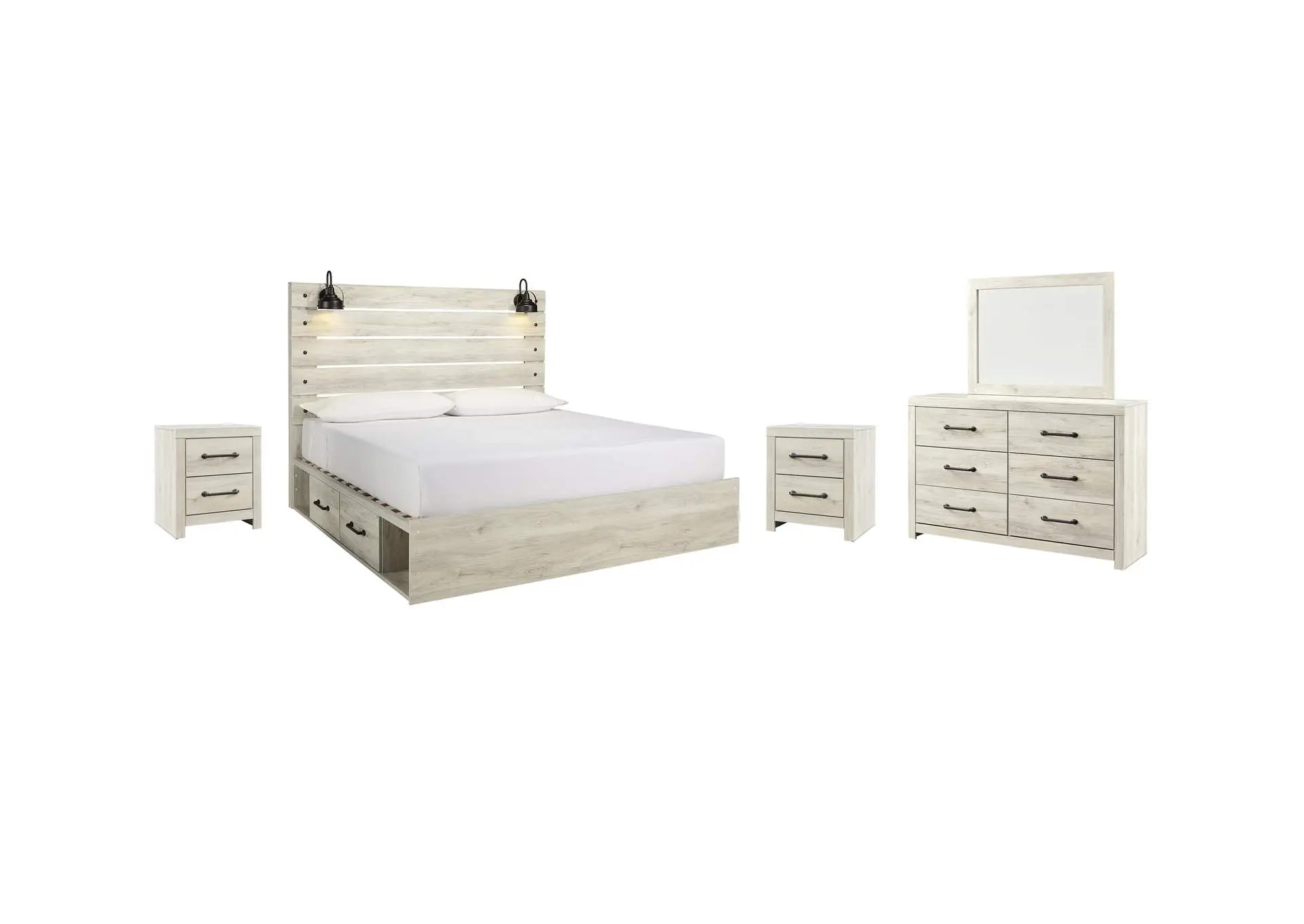 Cambeck King Panel Bed with 2 Storage Drawers with Mirrored Dresser and 2 Nightstands