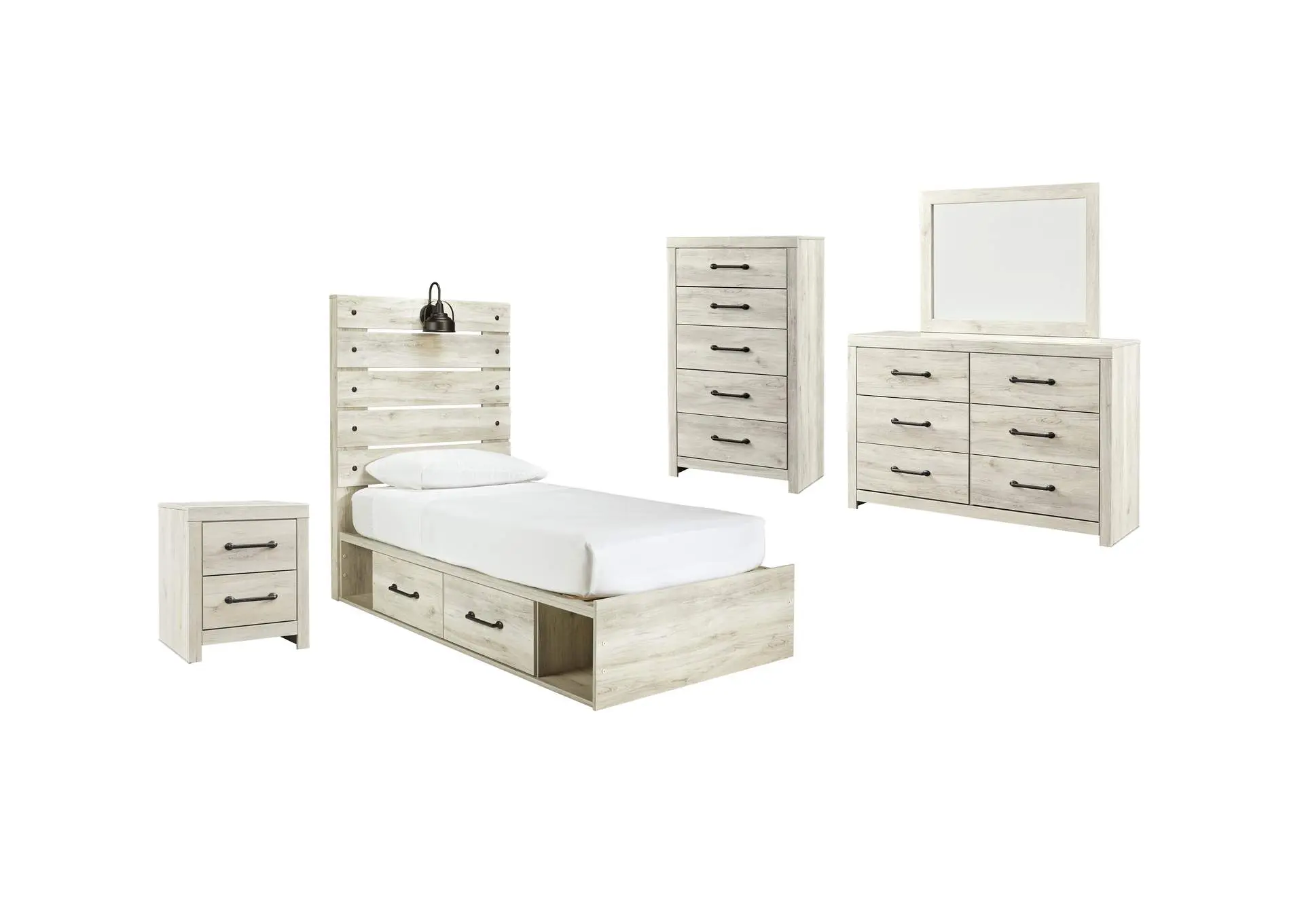 Cambeck Twin Panel Bed with 4 Storage Drawers with Mirrored Dresser, Chest and Nightstand