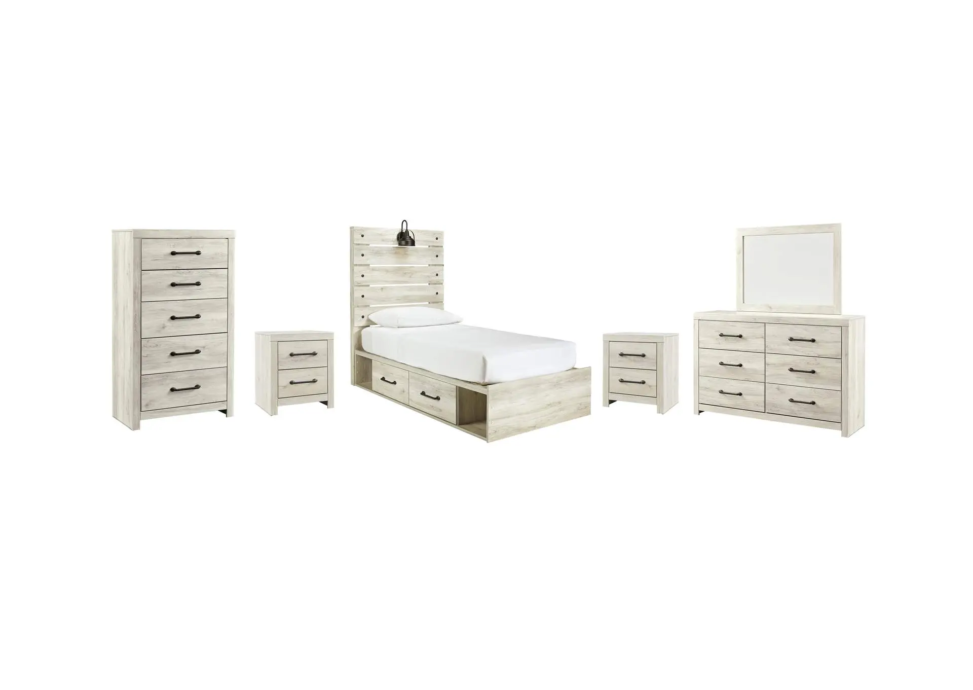 Cambeck Twin Panel Bed with 4 Storage Drawers with Mirrored Dresser, Chest and 2 Nightstands