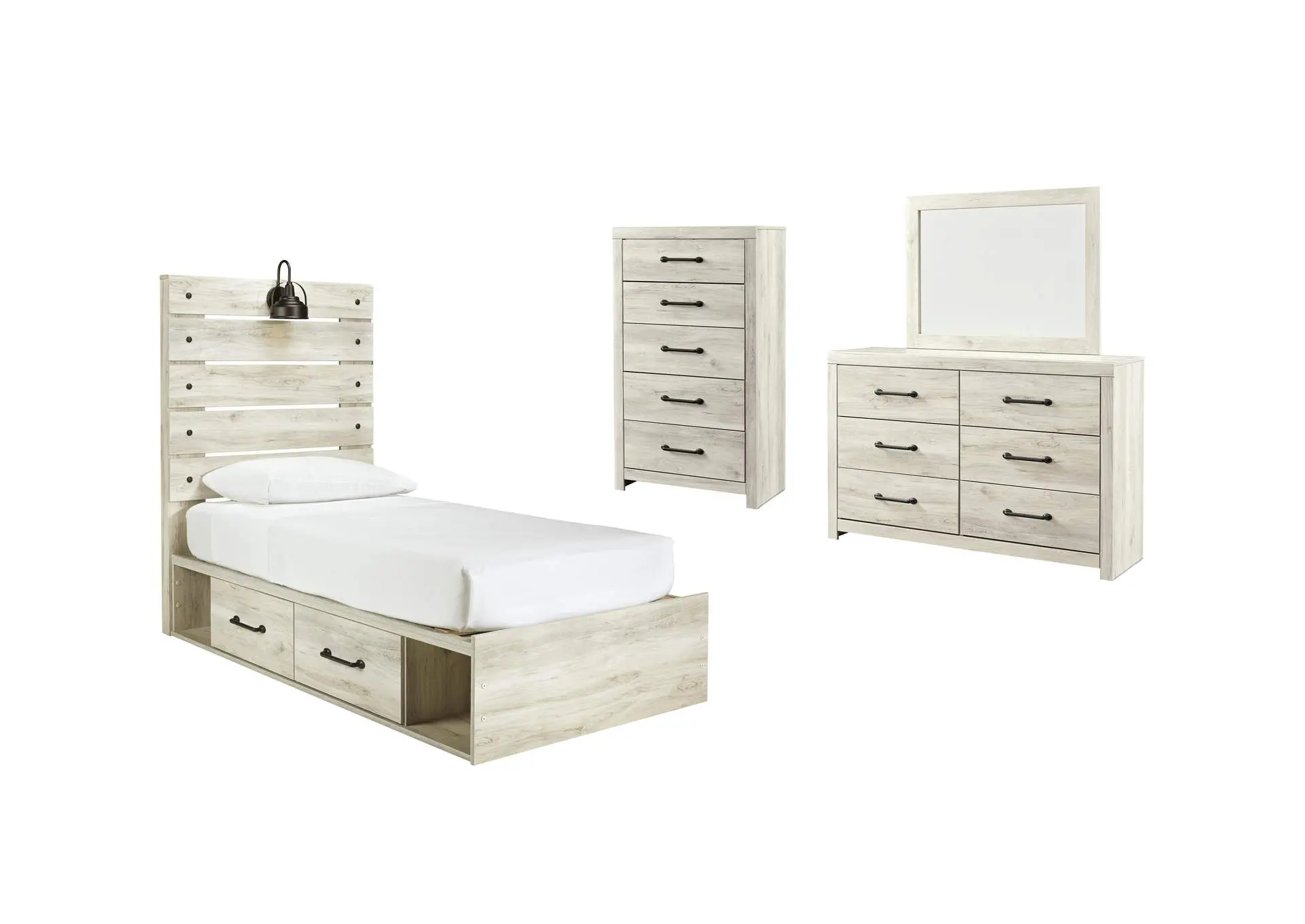 Cambeck Twin Panel Bed with 4 Storage Drawers with Mirrored Dresser and Chest