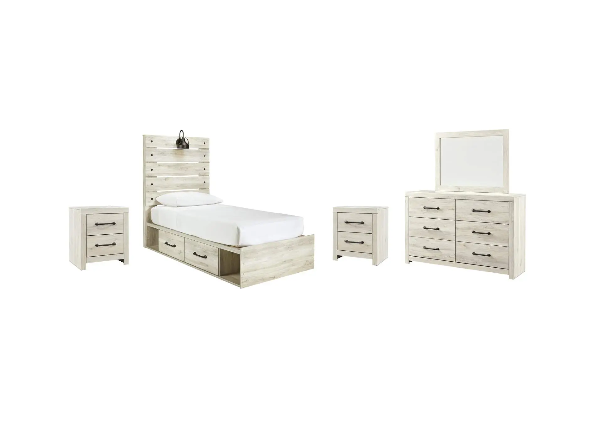 Cambeck Twin Panel Bed with 4 Storage Drawers with Mirrored Dresser and 2 Nightstands