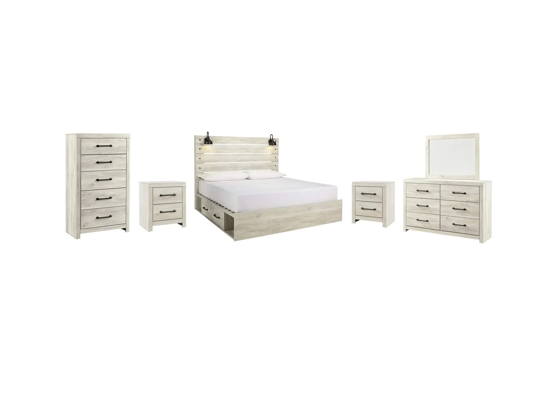 Cambeck King Panel Bed with 4 Storage Drawers with Mirrored Dresser, Chest and 2 Nightstands