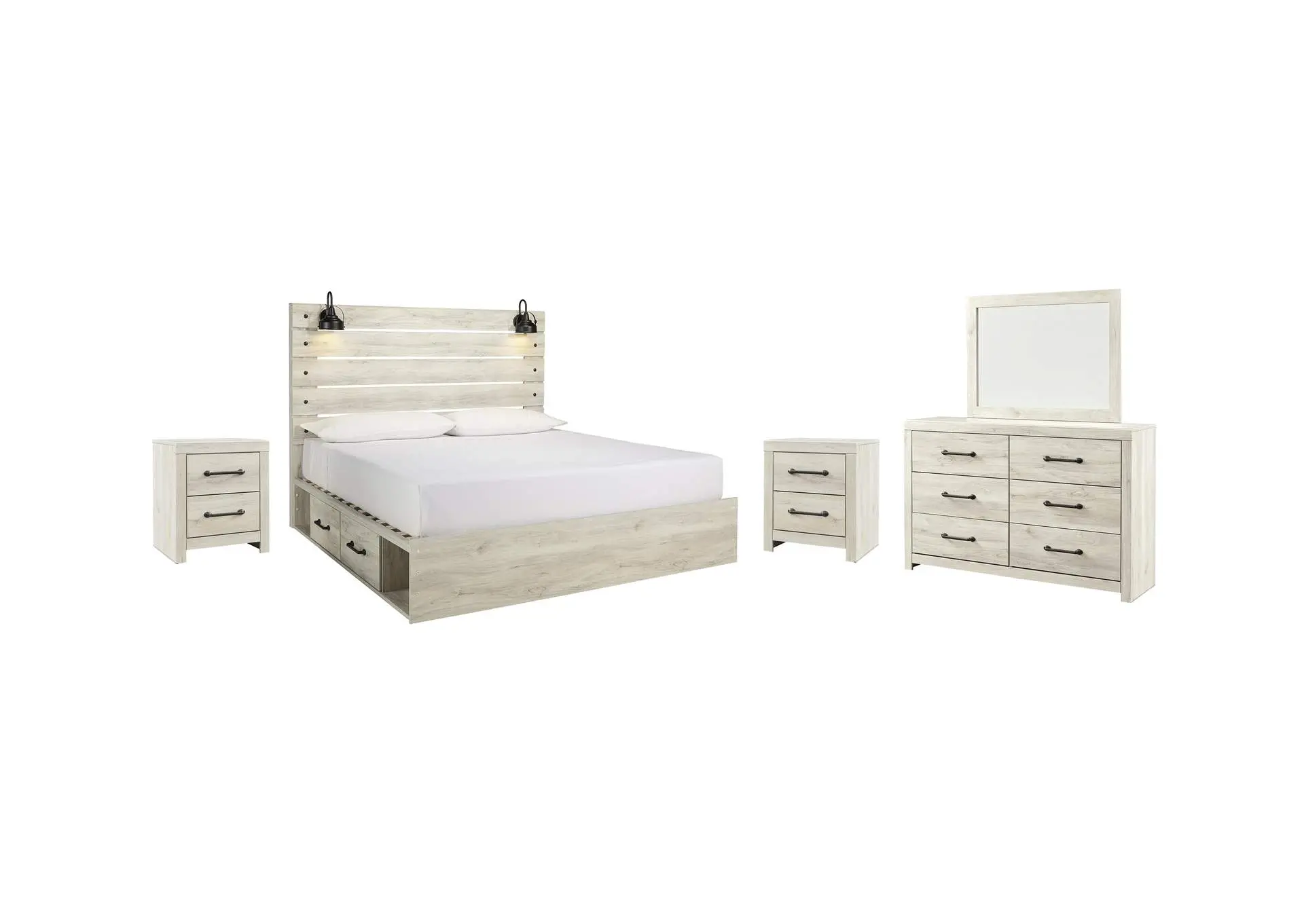 Cambeck King Panel Bed with 4 Storage Drawers with Mirrored Dresser and 2 Nightstands