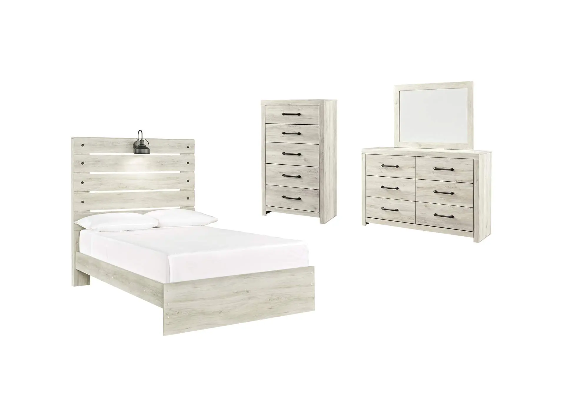Cambeck Full Panel Bed with Mirrored Dresser and Chest