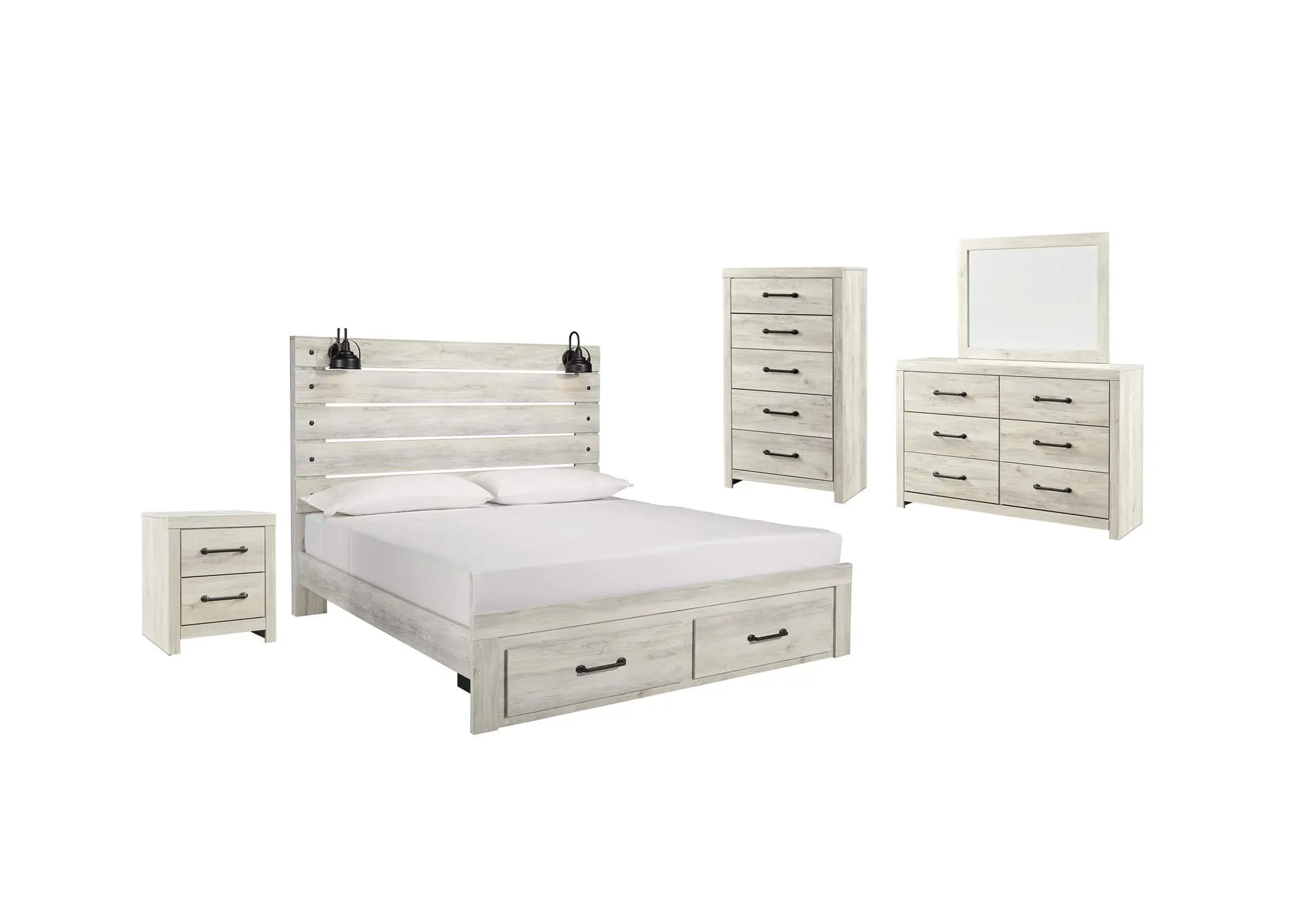 Cambeck King Panel Bed with 2 Storage Drawers with Mirrored Dresser, Chest and Nightstand