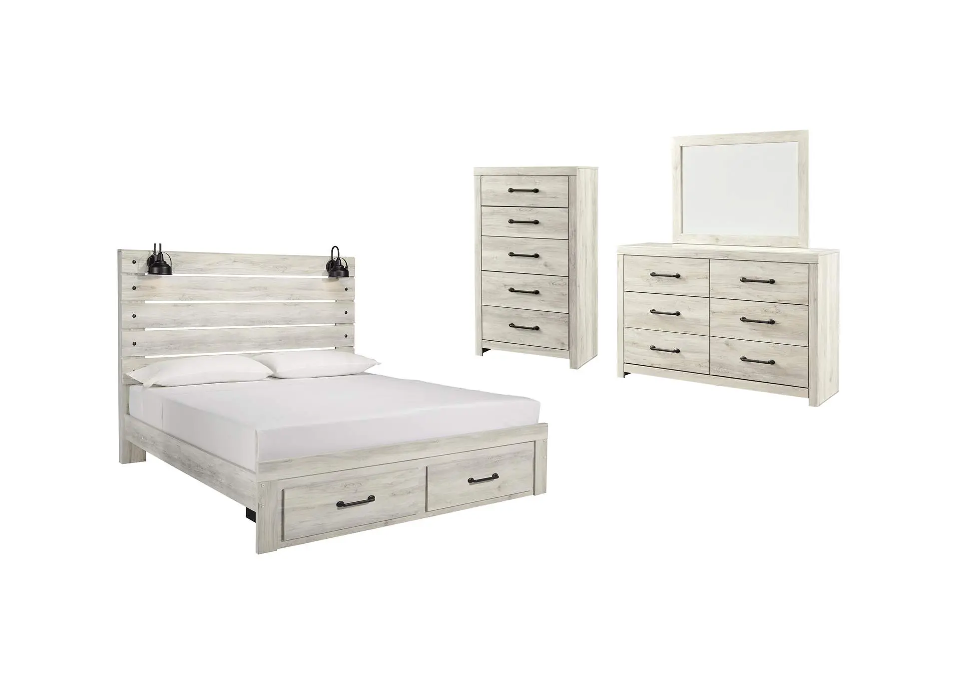 Cambeck King Panel Bed with 2 Storage Drawers with Mirrored Dresser and Chest