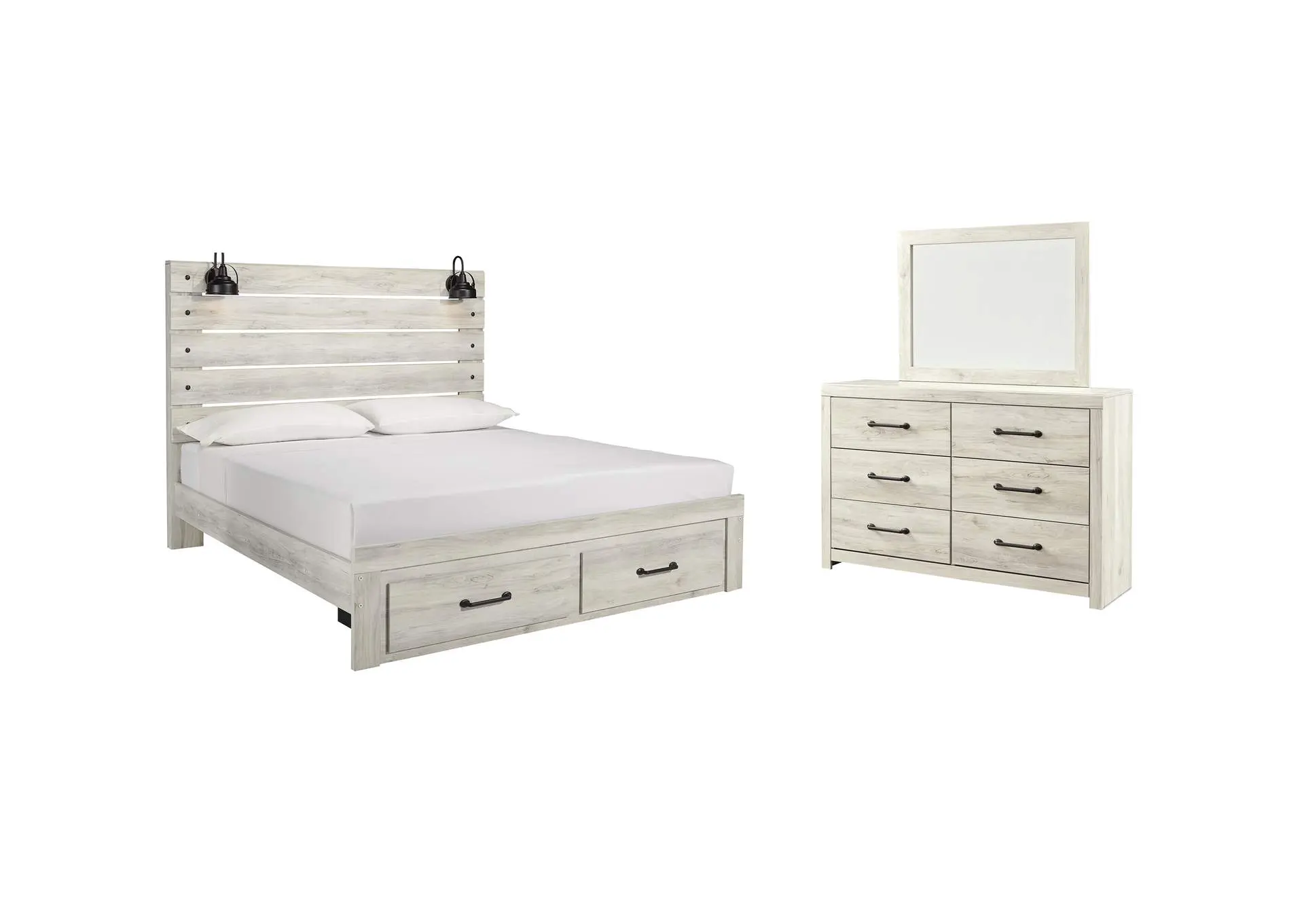 Cambeck King Panel Bed with 2 Storage Drawers with Mirrored Dresser