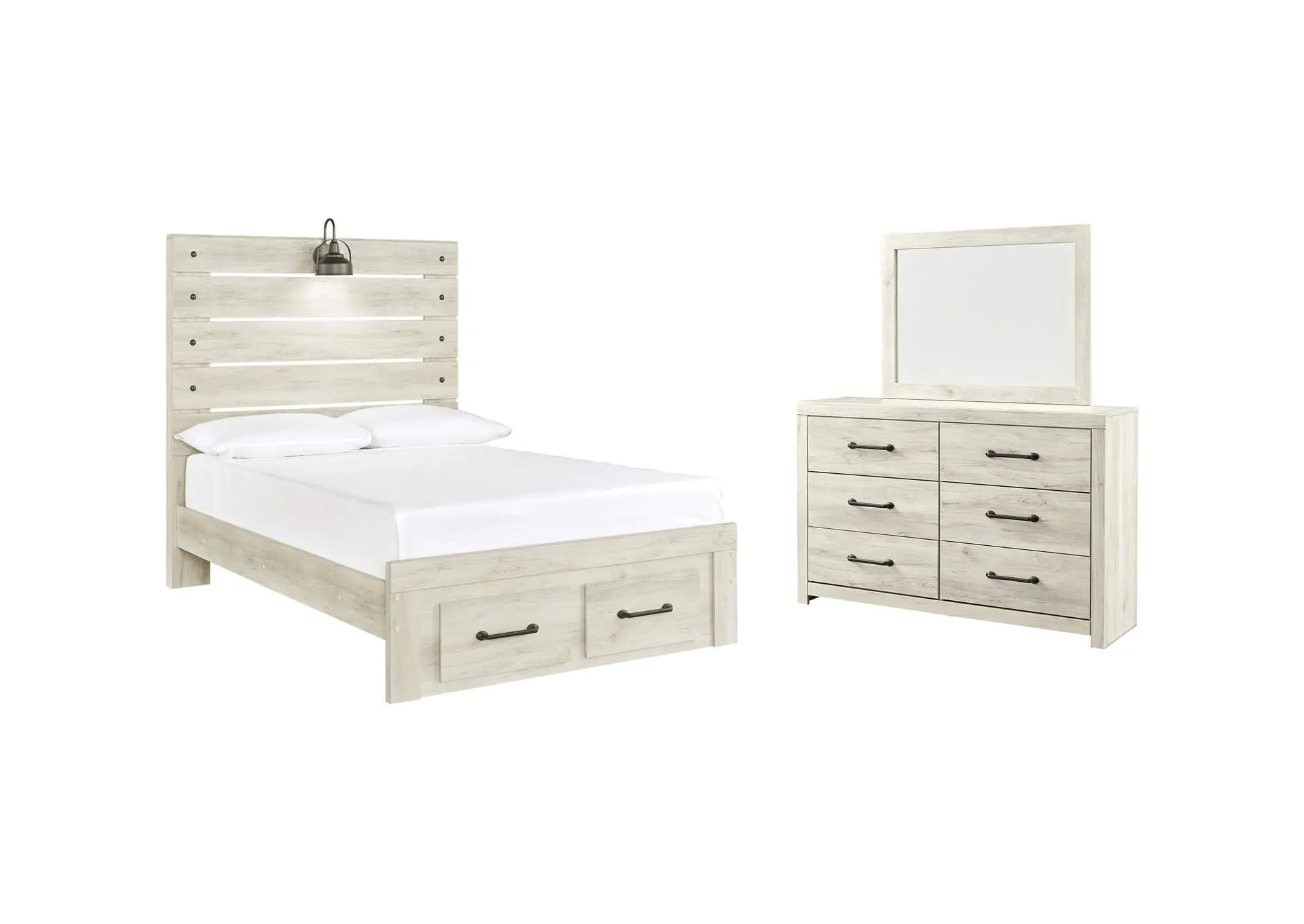 Cambeck Full Panel Bed with 2 Storage Drawers with Mirrored Dresser