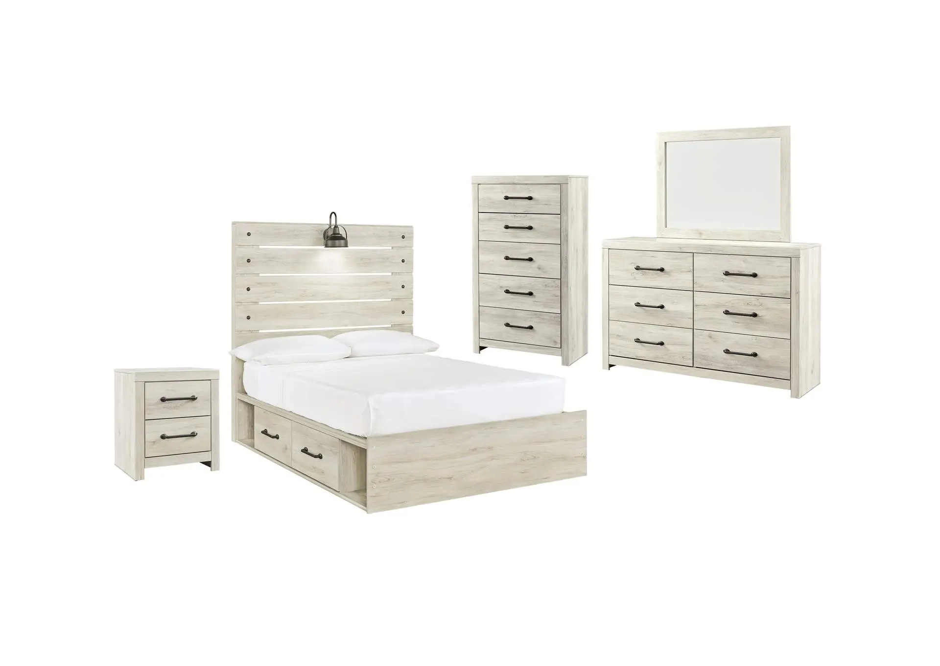 Cambeck Full Panel Bed with 4 Storage Drawers with Mirrored Dresser, Chest and Nightstand