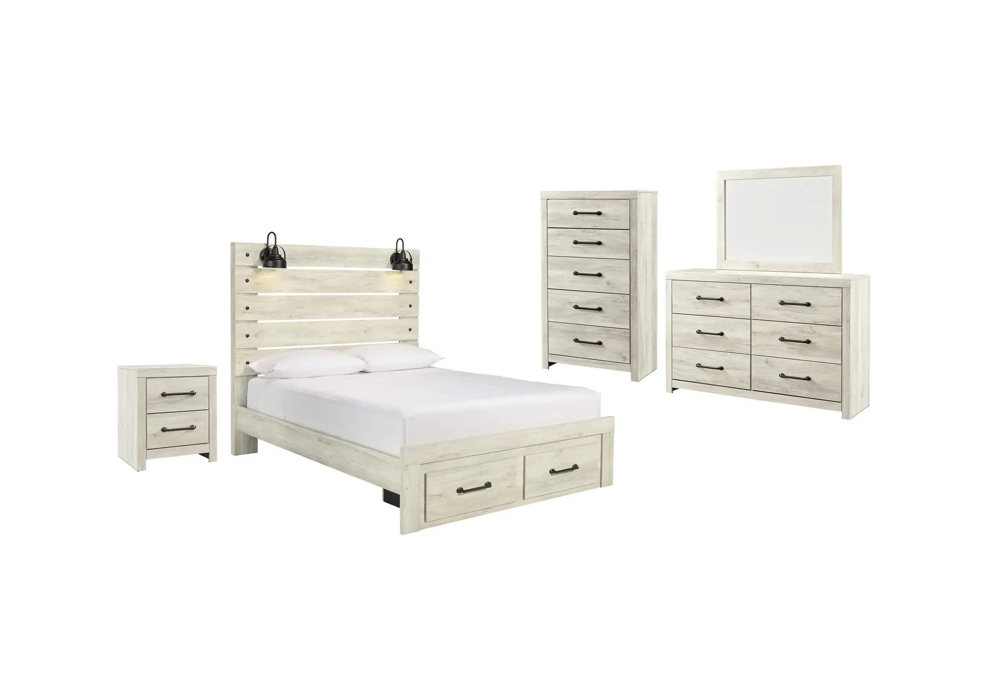 Cambeck Queen Panel Bed with 2 Storage Drawers with Mirrored Dresser, Chest and Nightstand