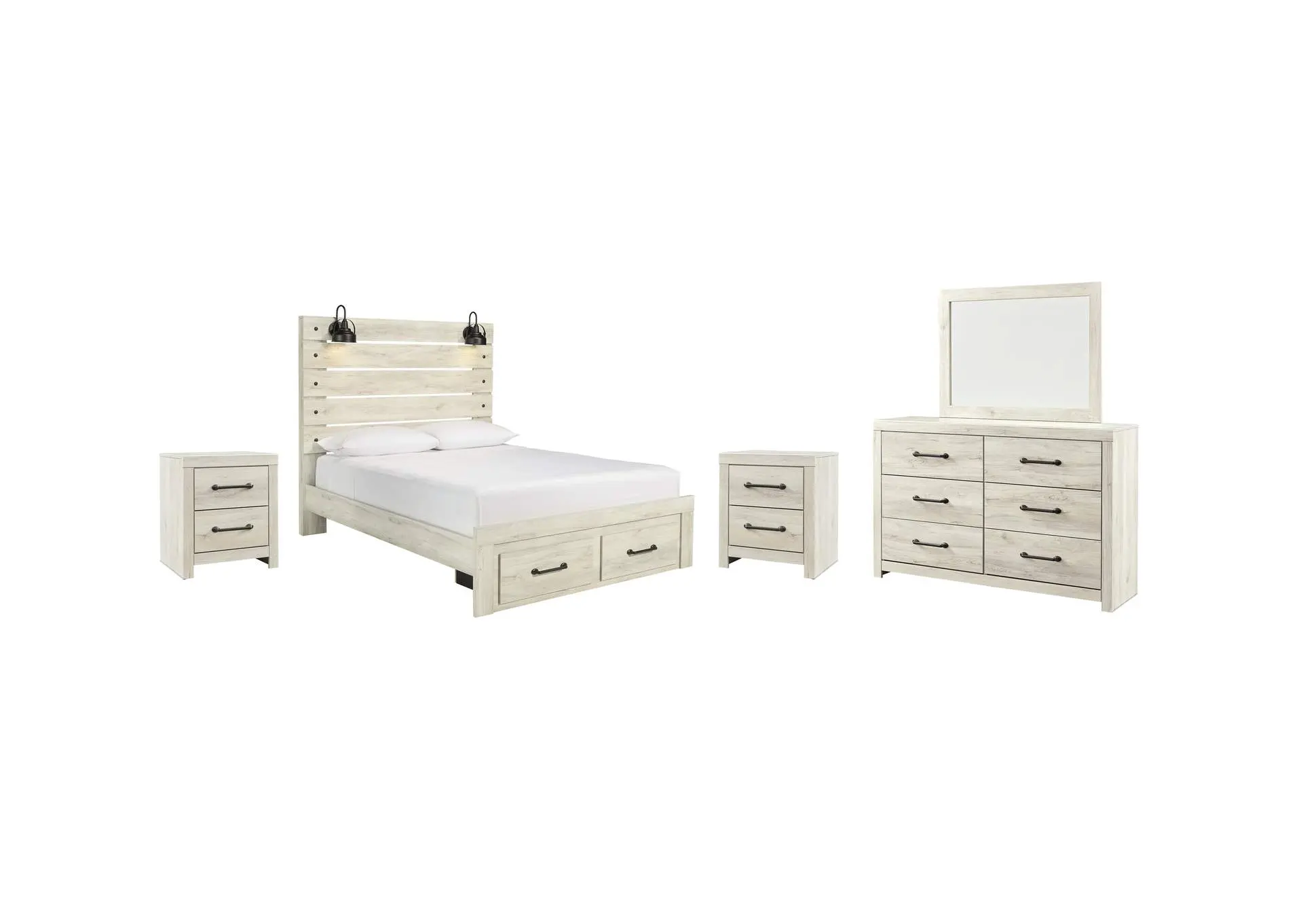 Cambeck Queen Panel Bed with 2 Storage Drawers with Mirrored Dresser and 2 Nightstands