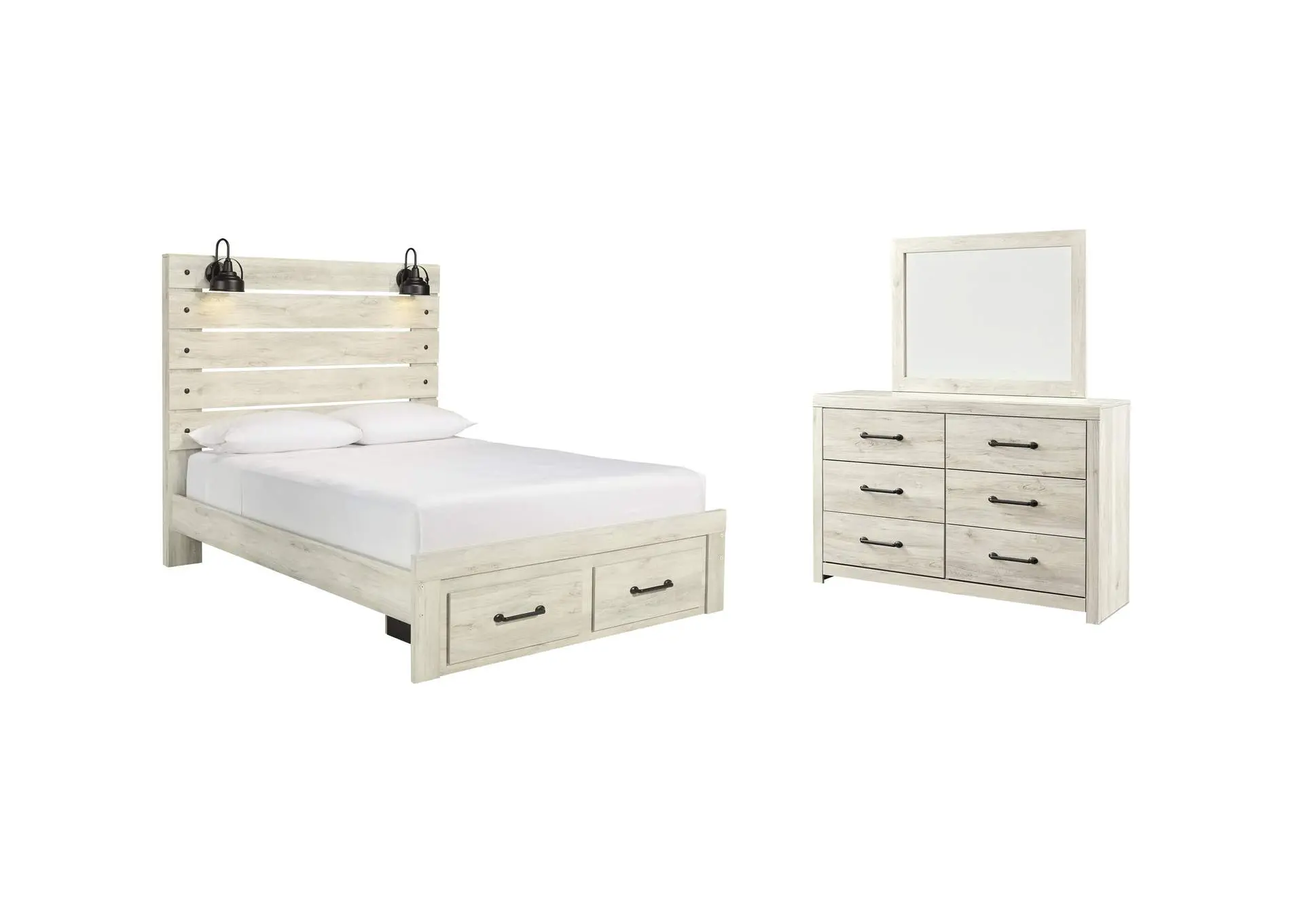 Cambeck Queen Panel Bed with 2 Storage Drawers with Mirrored Dresser