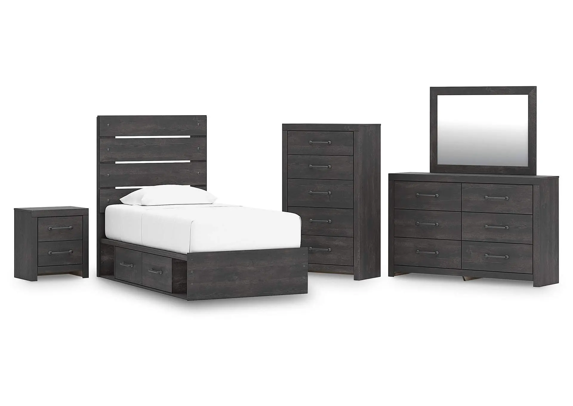 Delmorta Twin Panel Bed with Storage, Dresser, Mirror, Chest and Nightstand