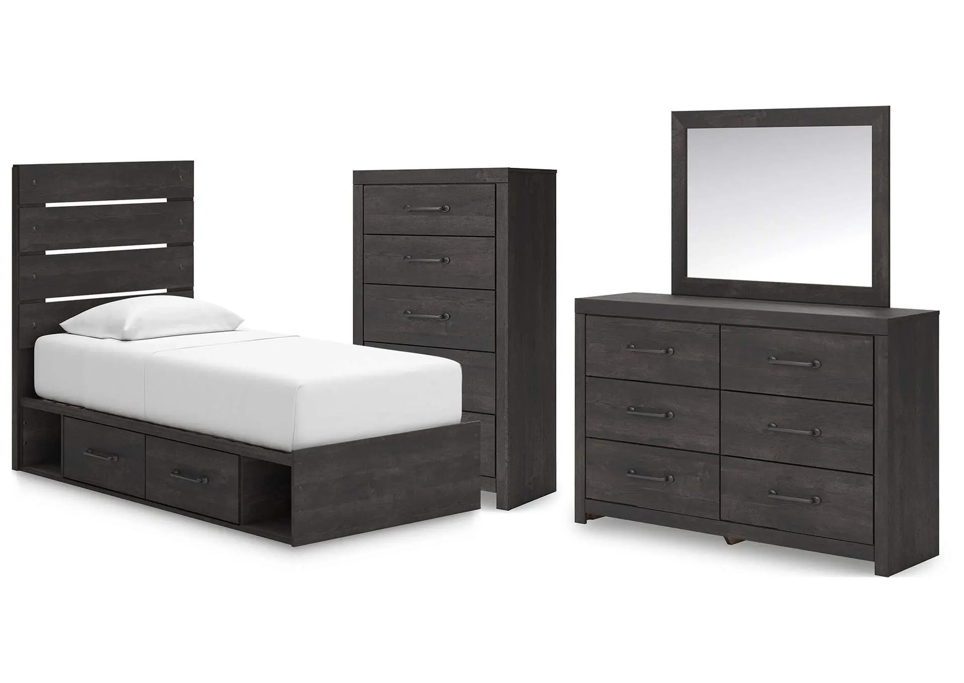 Delmorta Twin Panel Bed with Storage, Dresser, Mirror and Chest