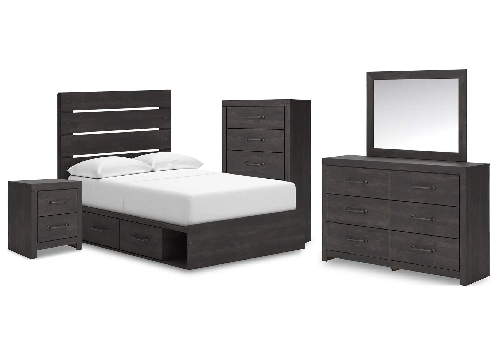 Delmorta Full Panel Bed with Storage, Dresser, Mirror, Chest and Nightstand
