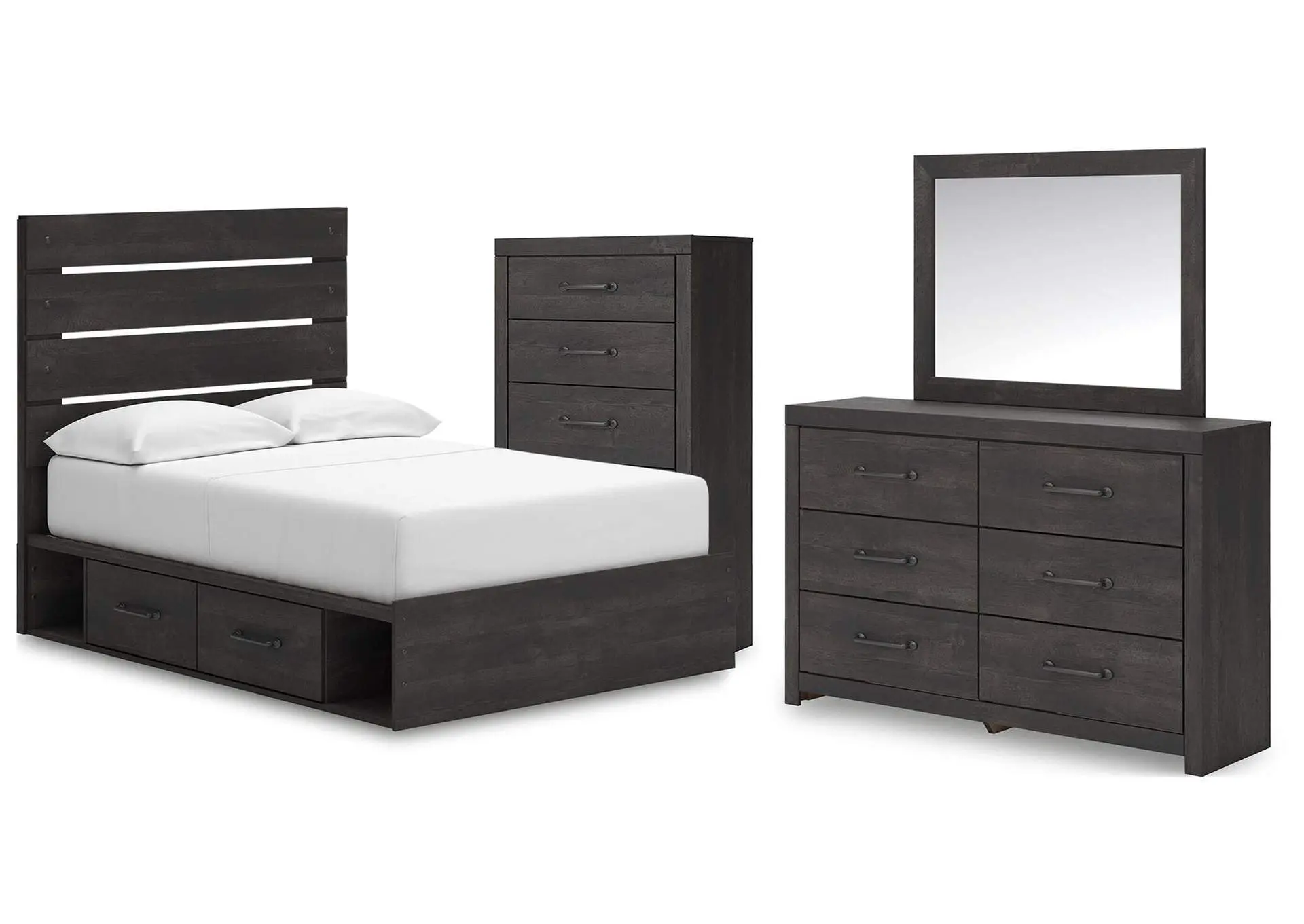 Delmorta Full Panel Bed with Storage, Dresser, Mirror and Chest