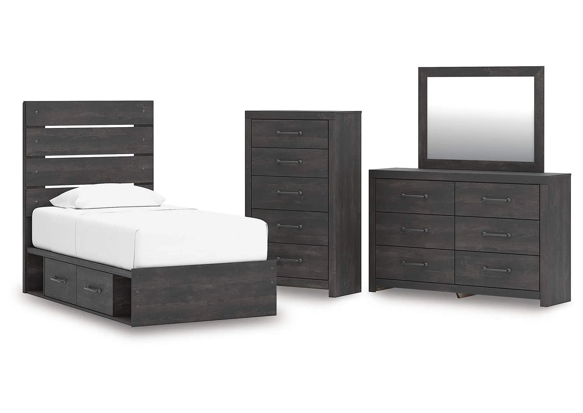 Delmorta Twin Panel Storage Bed, Dresser, Mirror and Chest