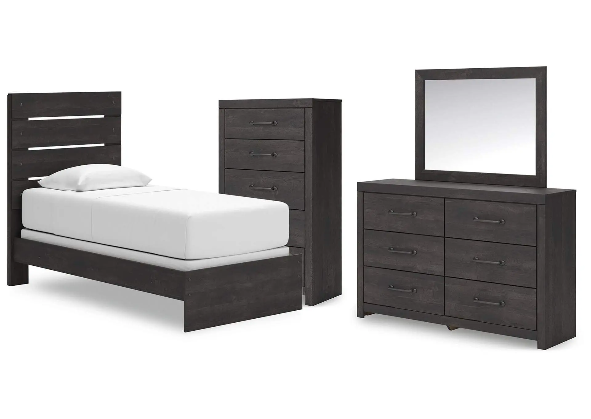 Delmorta Twin Panel Bed, Dresser, Mirror and Chest