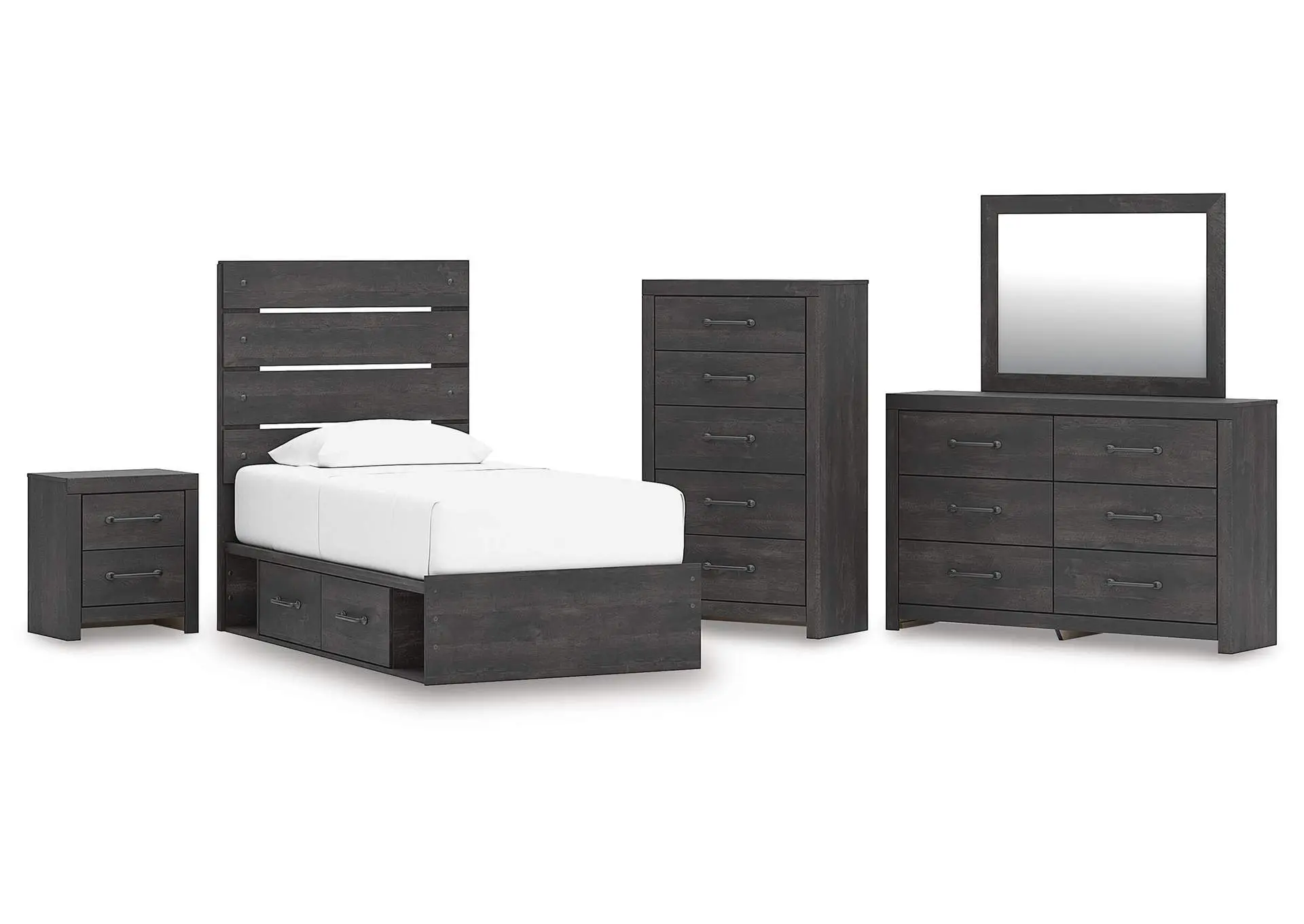 Delmorta Twin Panel Storage Bed, Dresser, Mirror, Chest and Nightstand