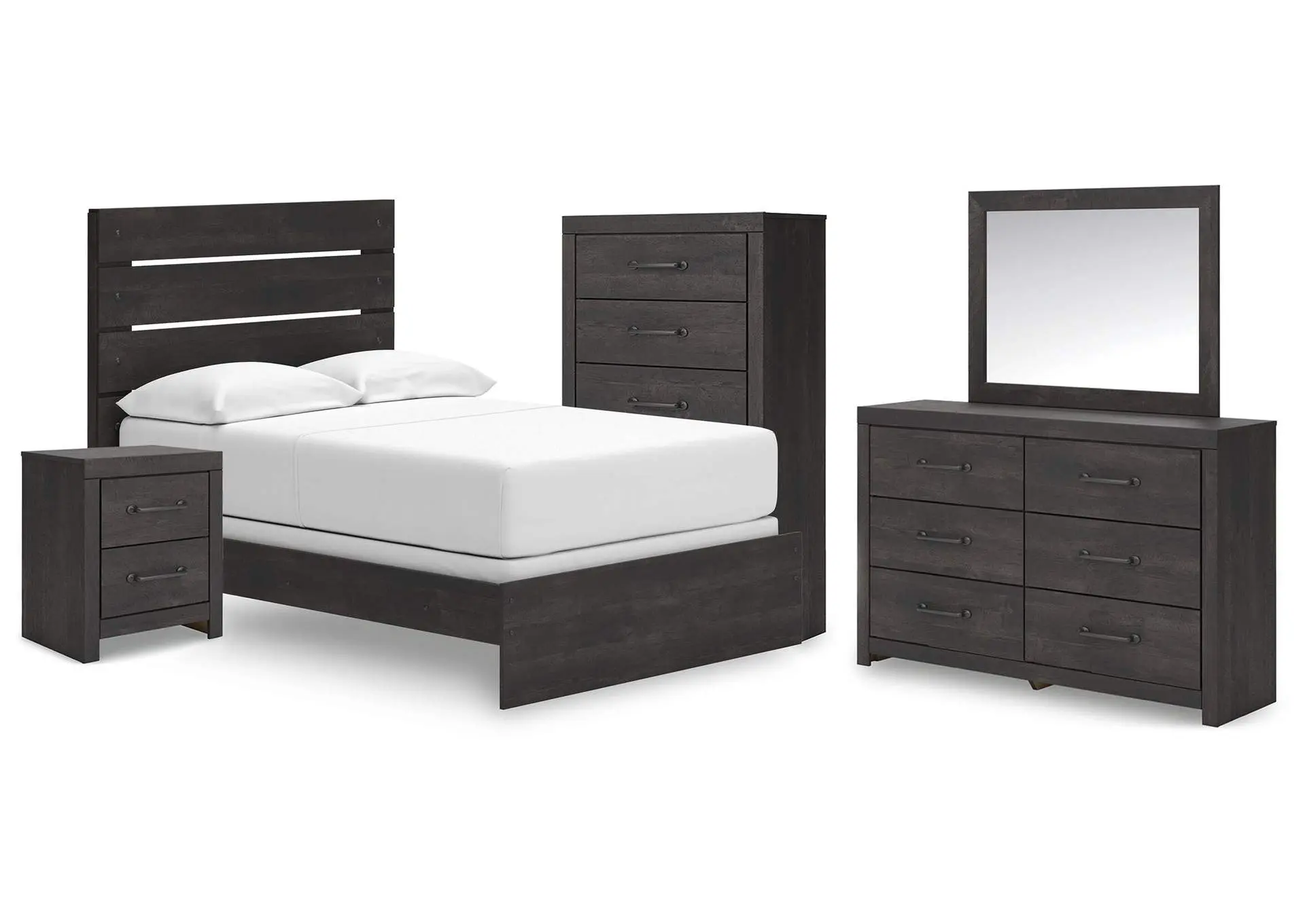Delmorta Full Panel Bed, Dresser, Mirror, Chest and Nightstand
