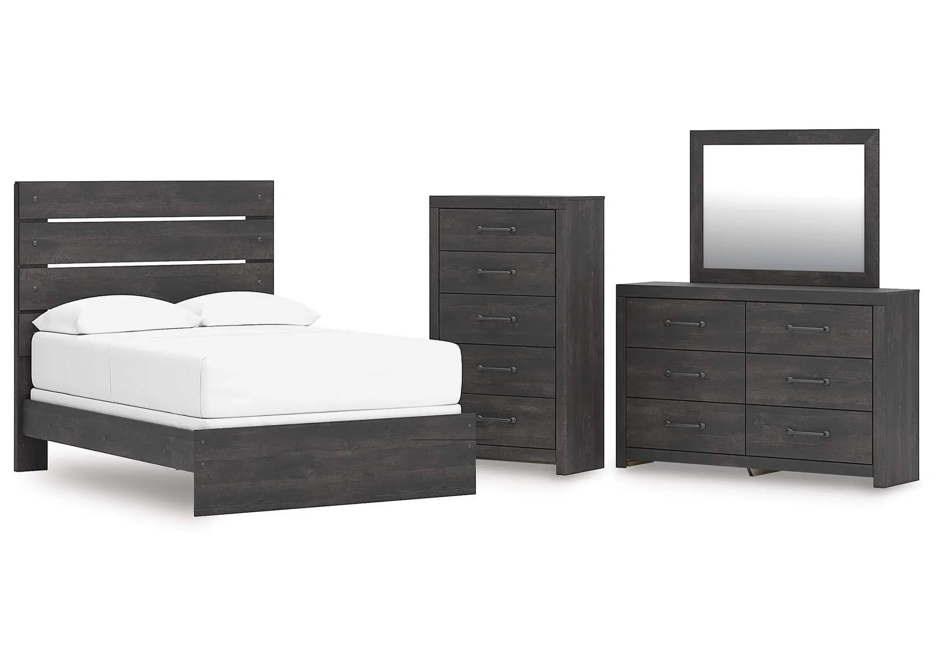 Delmorta Full Panel Bed, Dresser, Mirror and Chest
