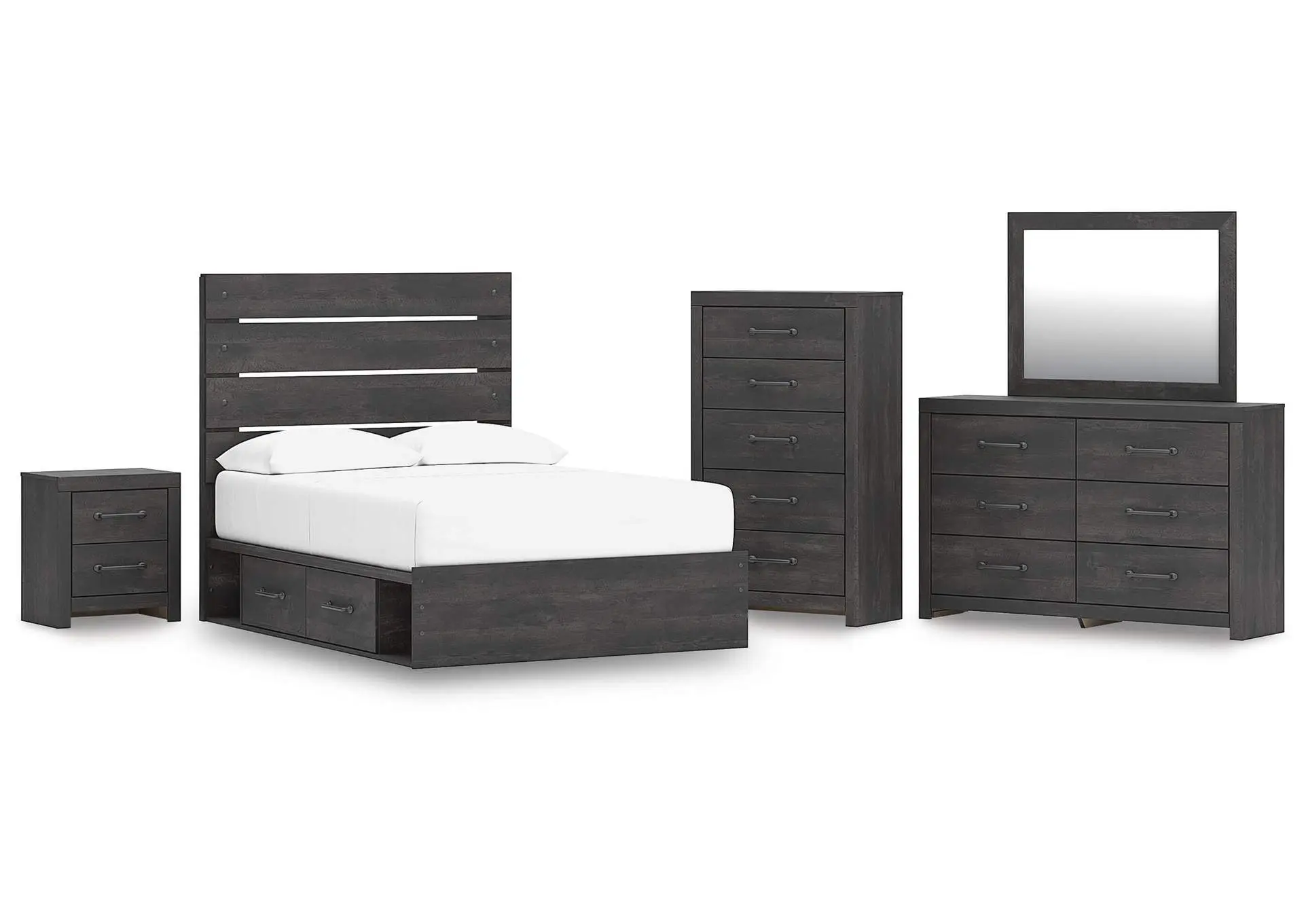 Delmorta Full Panel Storage Bed, Dresser, Mirror, Chest and Nightstand
