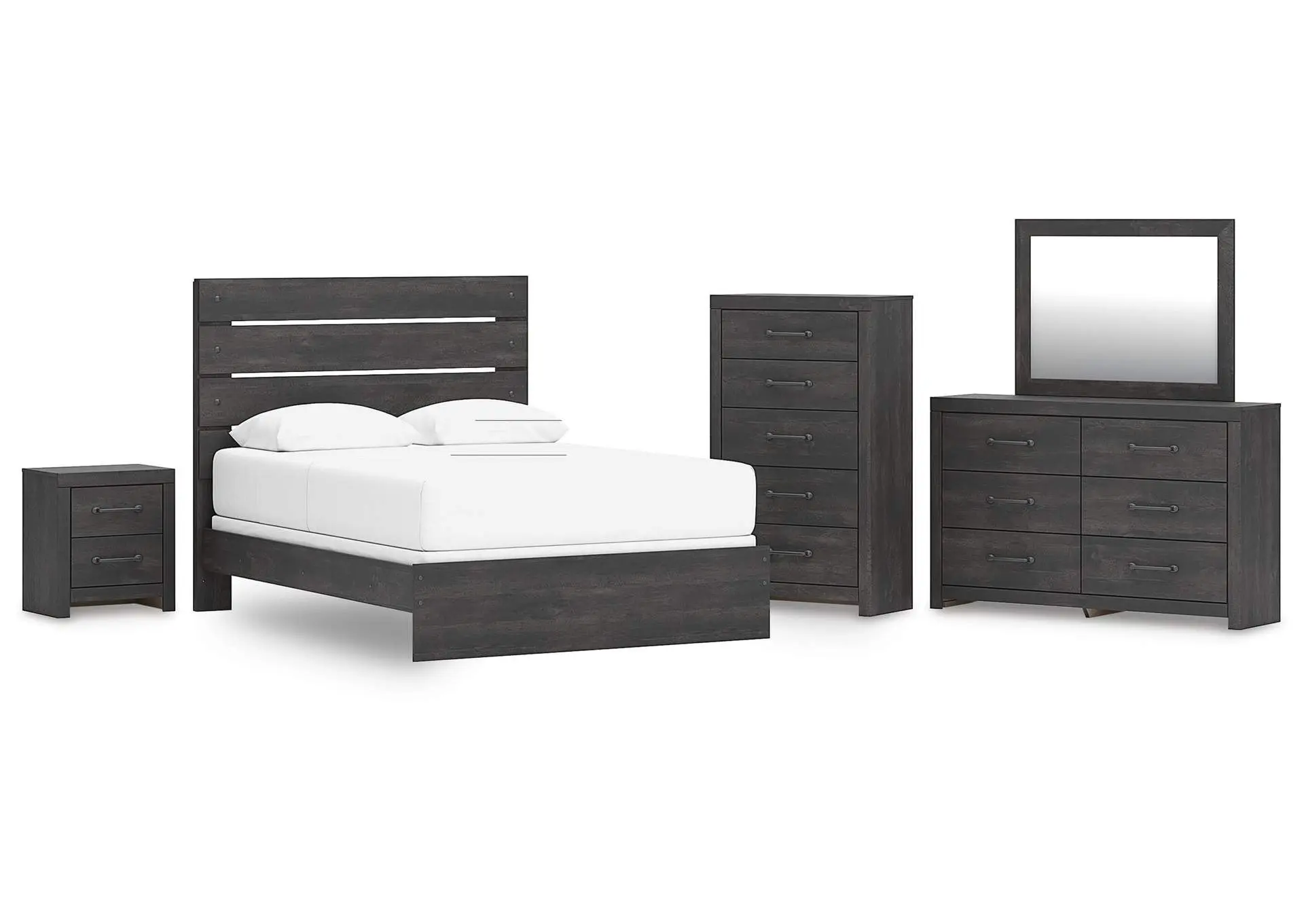 Delmorta Queen Panel Bed, Dresser, Mirror, Chest and Nightstand