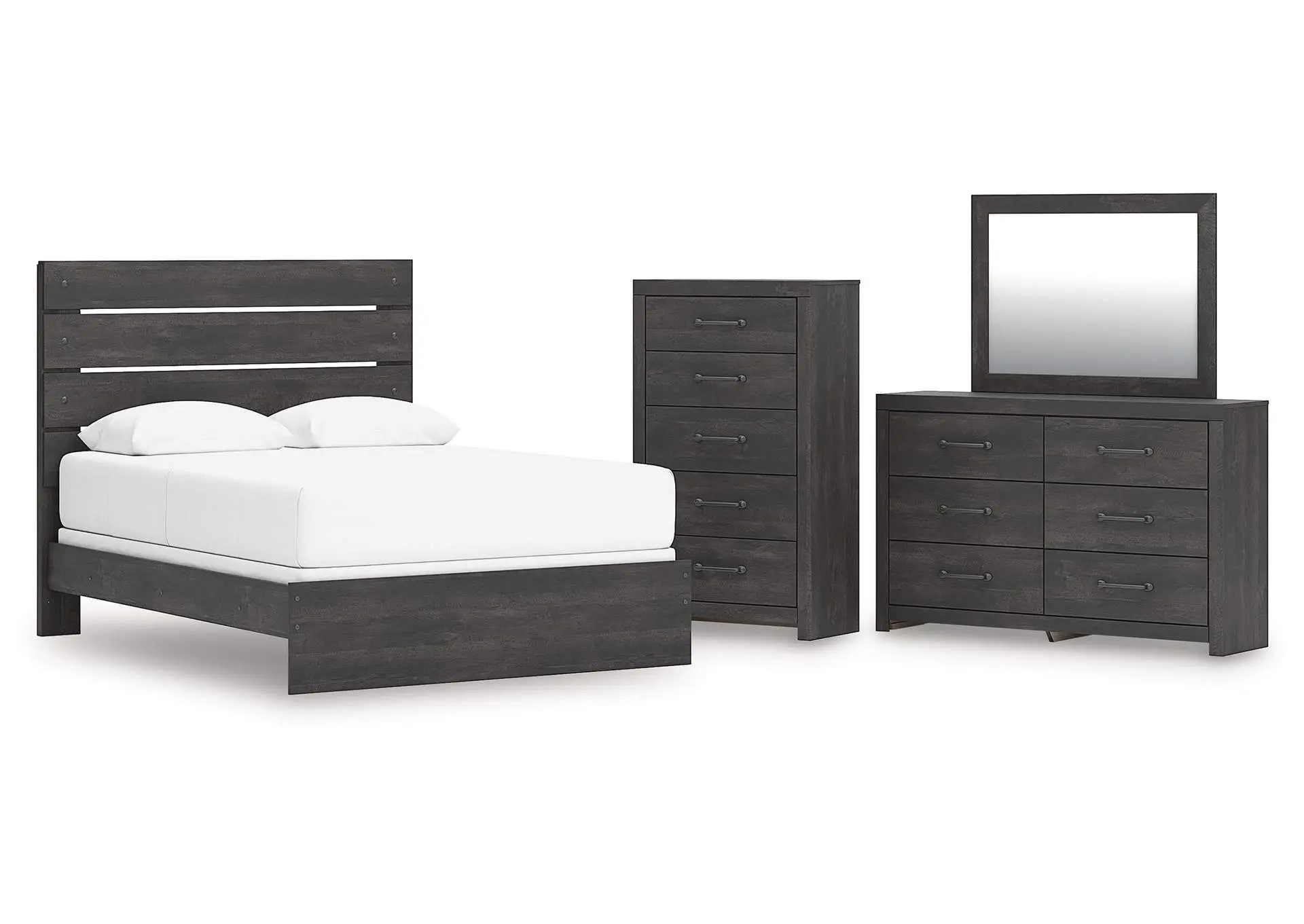 Delmorta Queen Panel Bed, Dresser, Mirror and Chest
