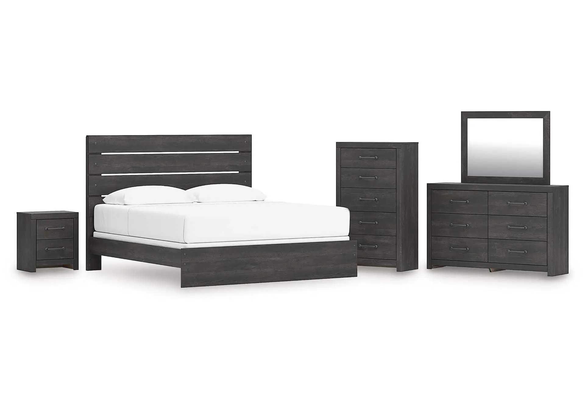 Delmorta King Panel Bed, Dresser, Mirror, Chest and Nightstand
