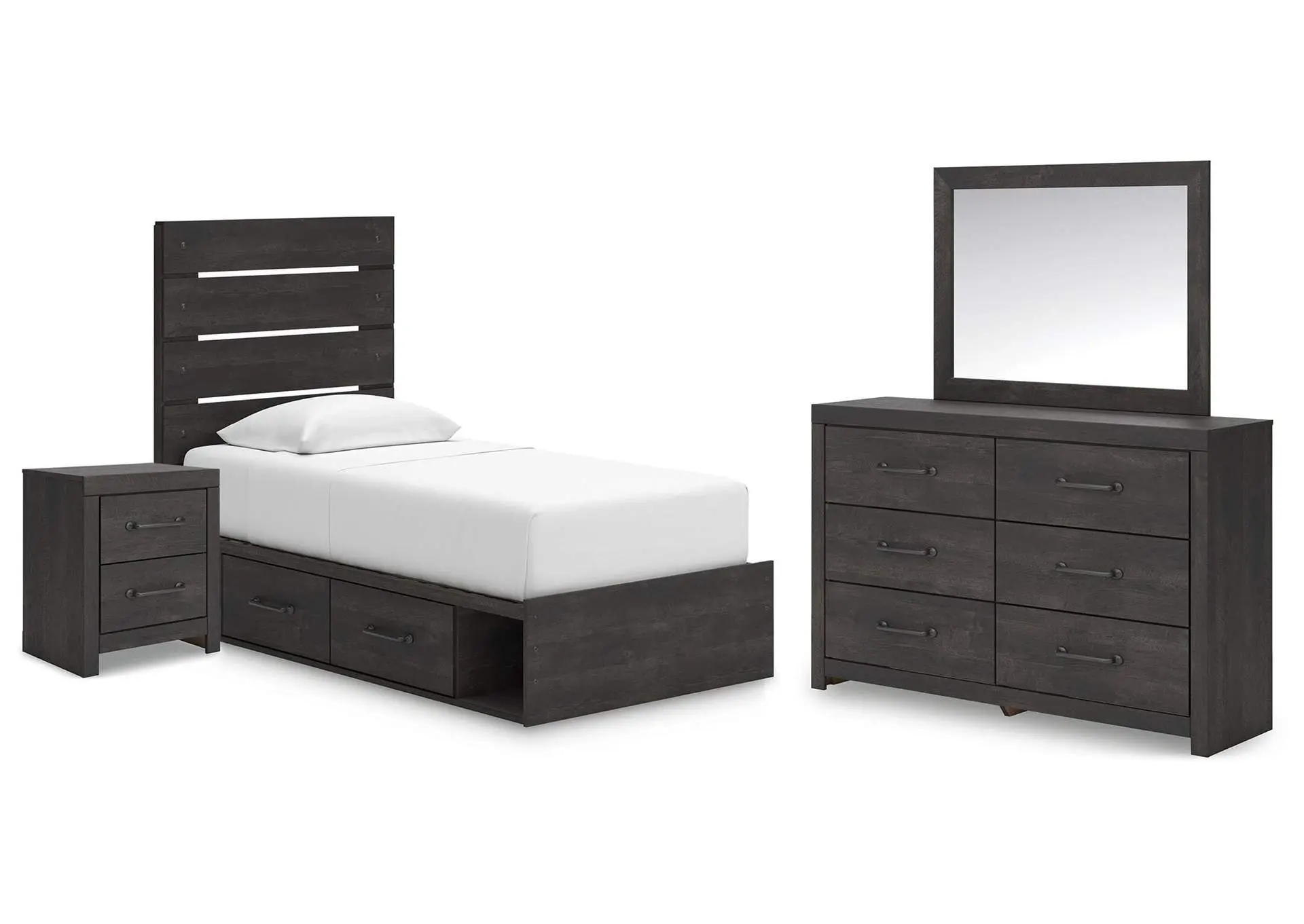 Delmorta Twin Panel Bed with Storage, Dresser, Mirror and Nightstand
