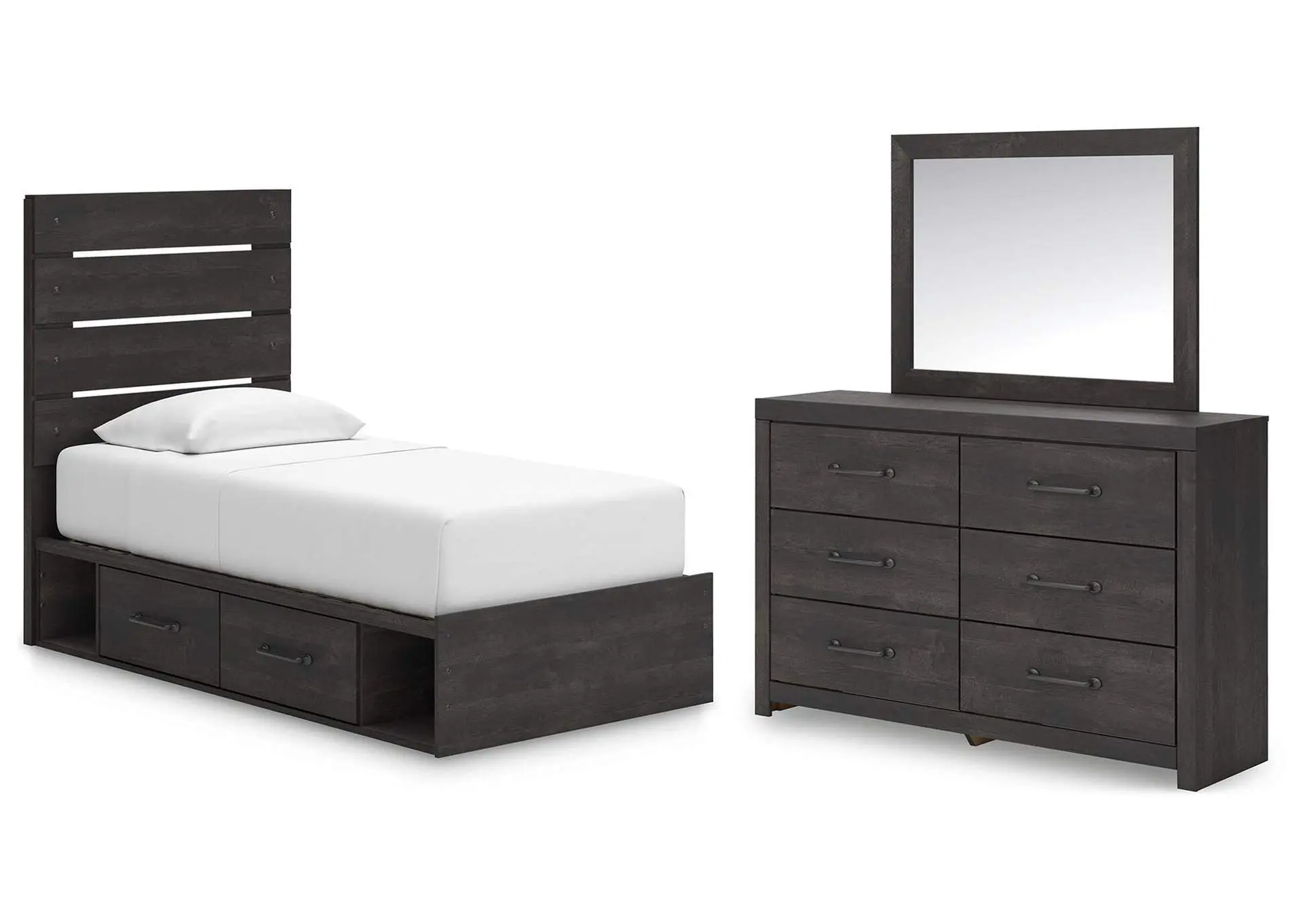 Delmorta Twin Panel Bed with Storage, Dresser and Mirror