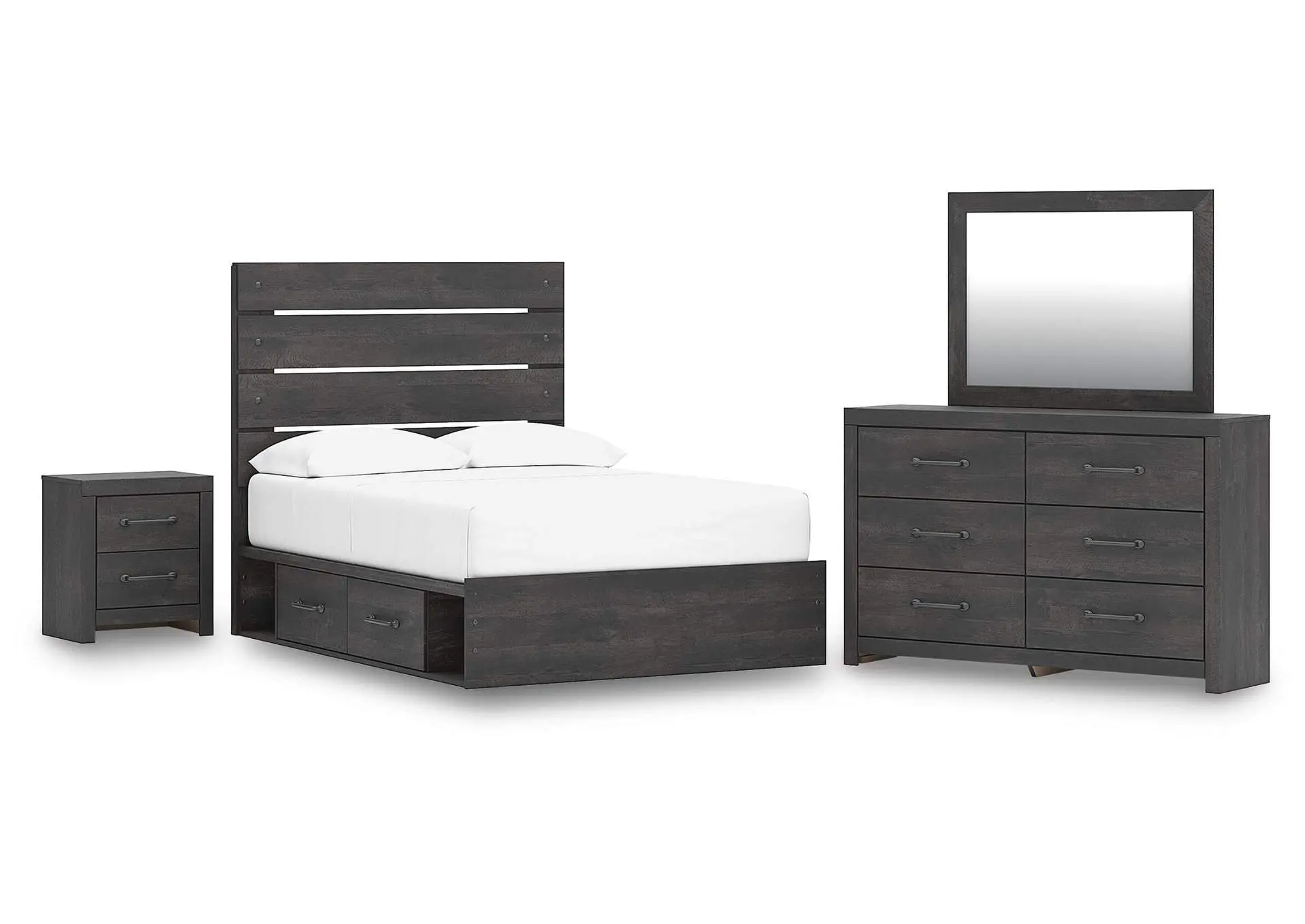 Delmorta Full Panel Bed with Storage, Dresser, Mirror and Nightstand