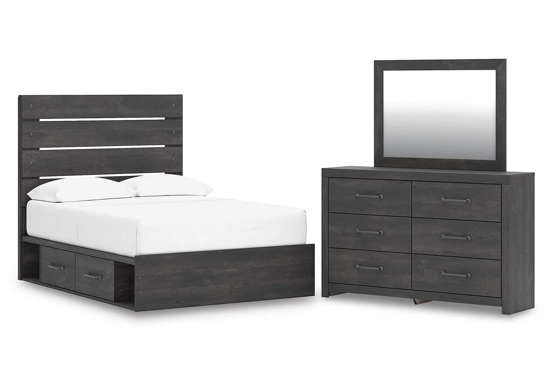 Delmorta Full Panel Bed with Storage, Dresser and Mirror
