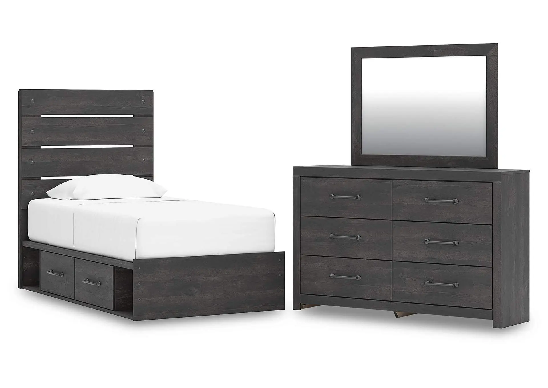 Delmorta Twin Panel Storage Bed, Dresser and Mirror