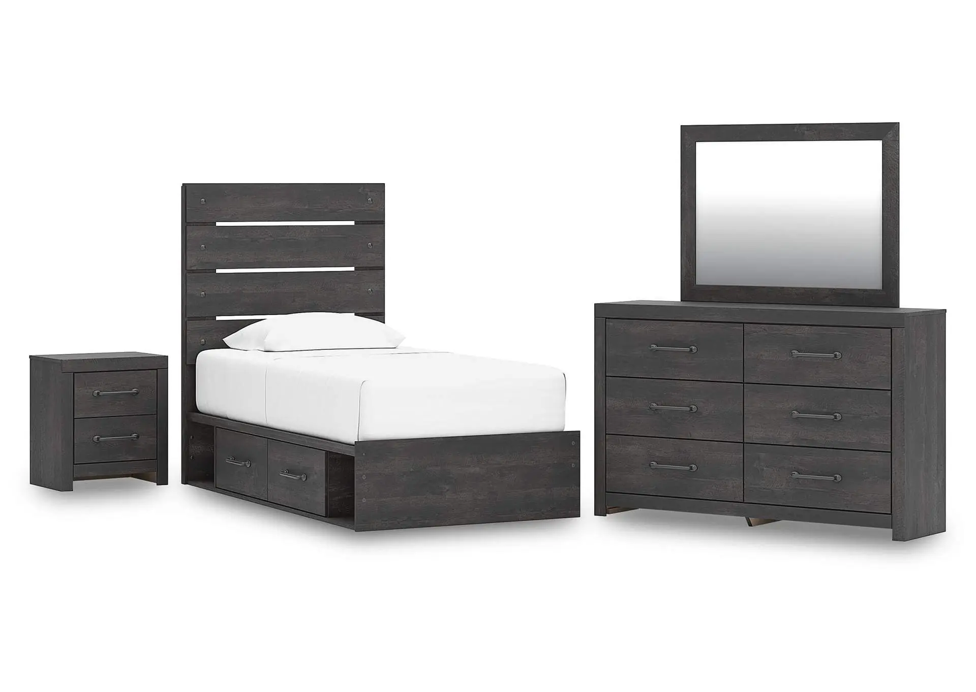 Delmorta Twin Panel Storage Bed, Dresser, Mirror and Nightstand