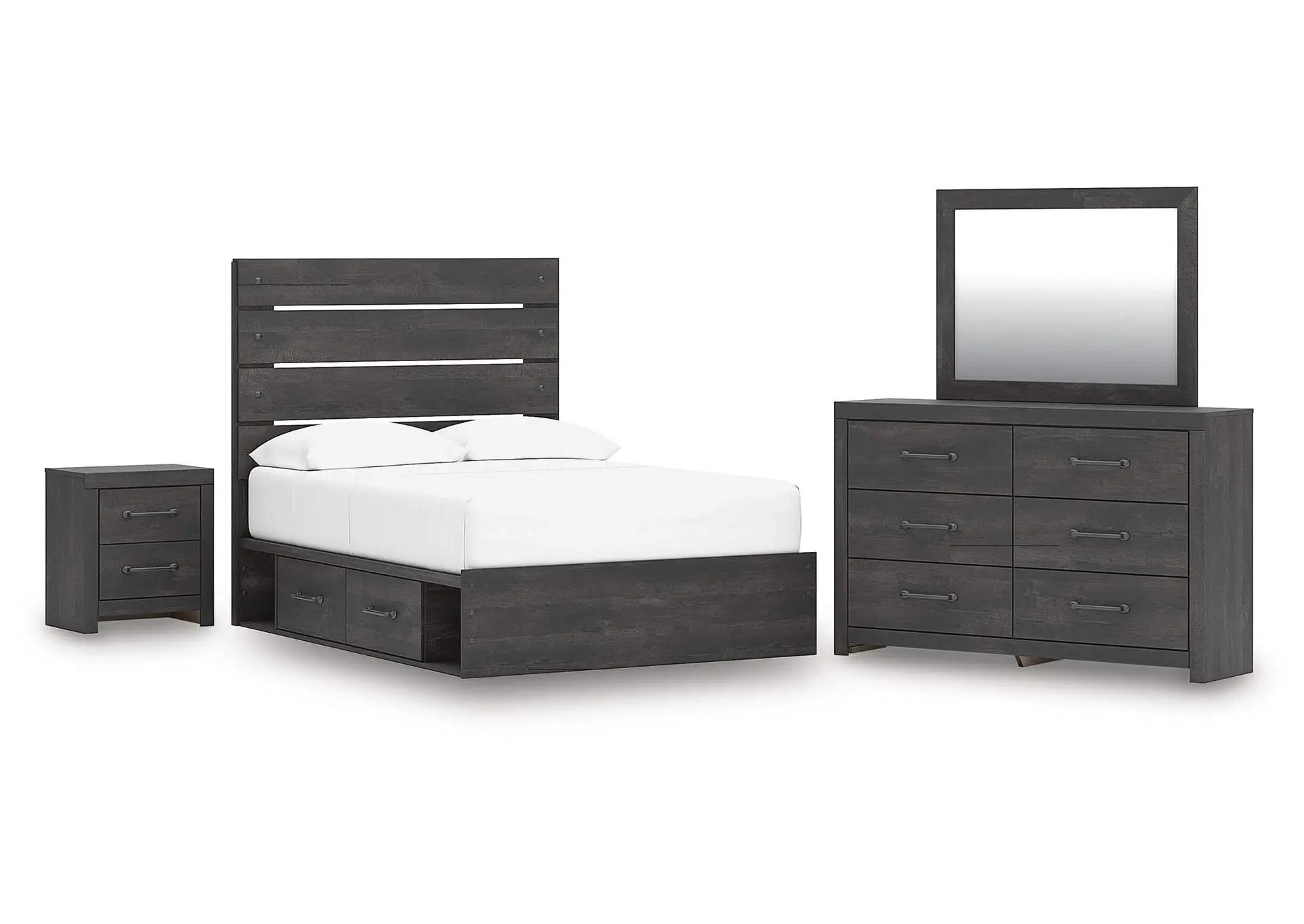 Delmorta Full Panel Storage Bed, Dresser, Mirror and Nightstand