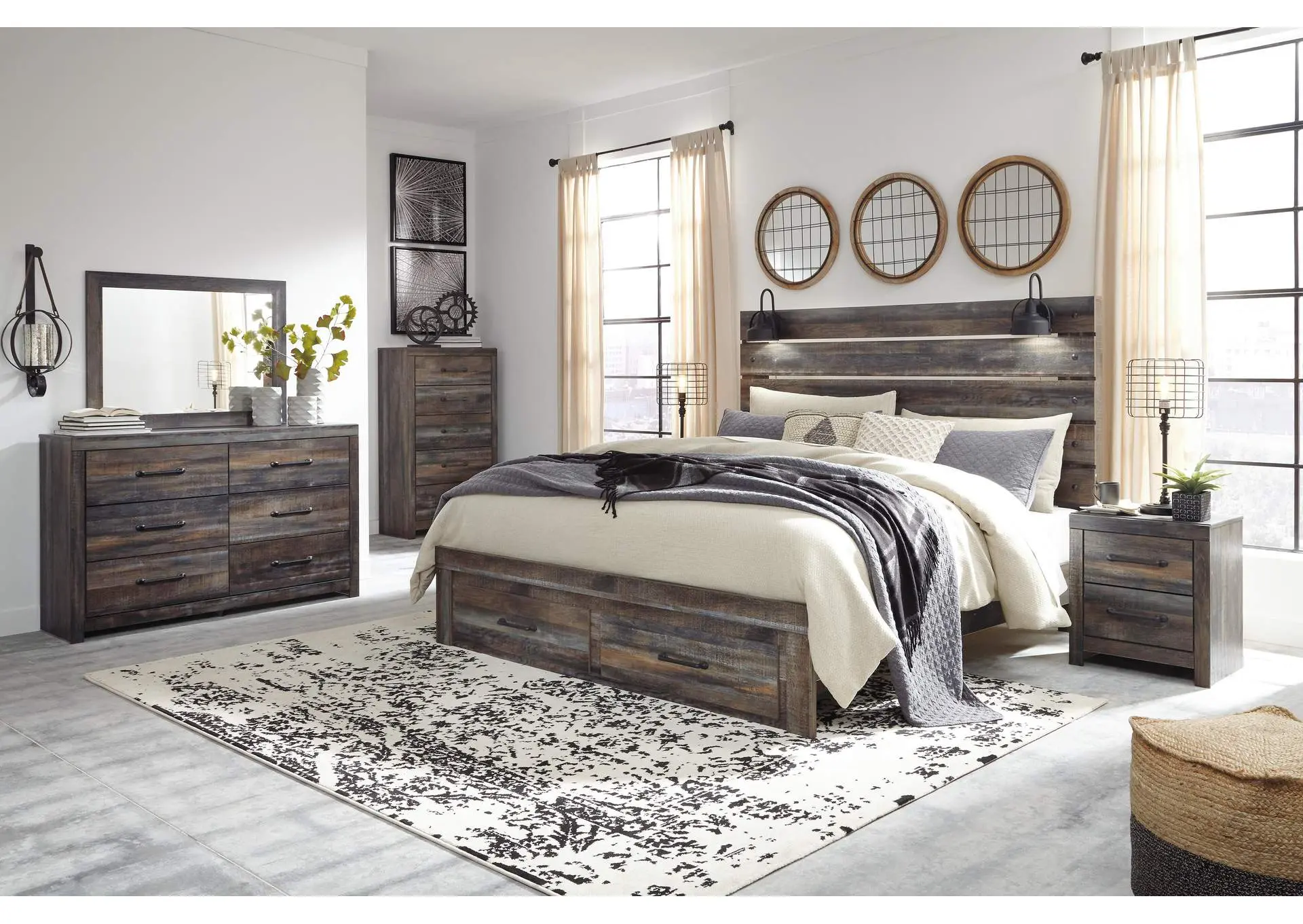 Drystan King Panel Bed with Storage with Mirrored Dresser, Chest and 2 Nightstands — view 7