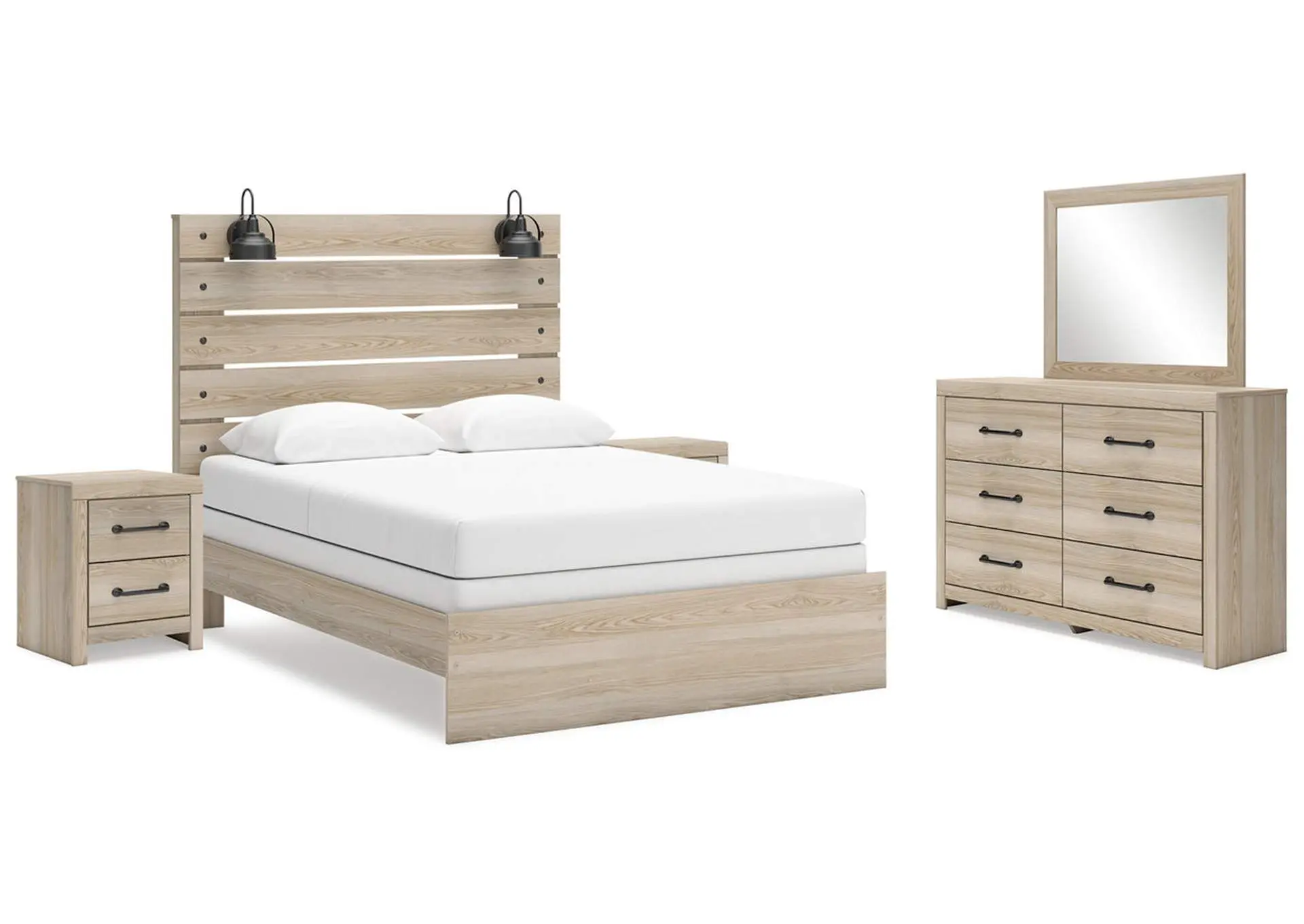 Senbry Queen Panel Bed with Mirrored Dresser and 2 Nightstands