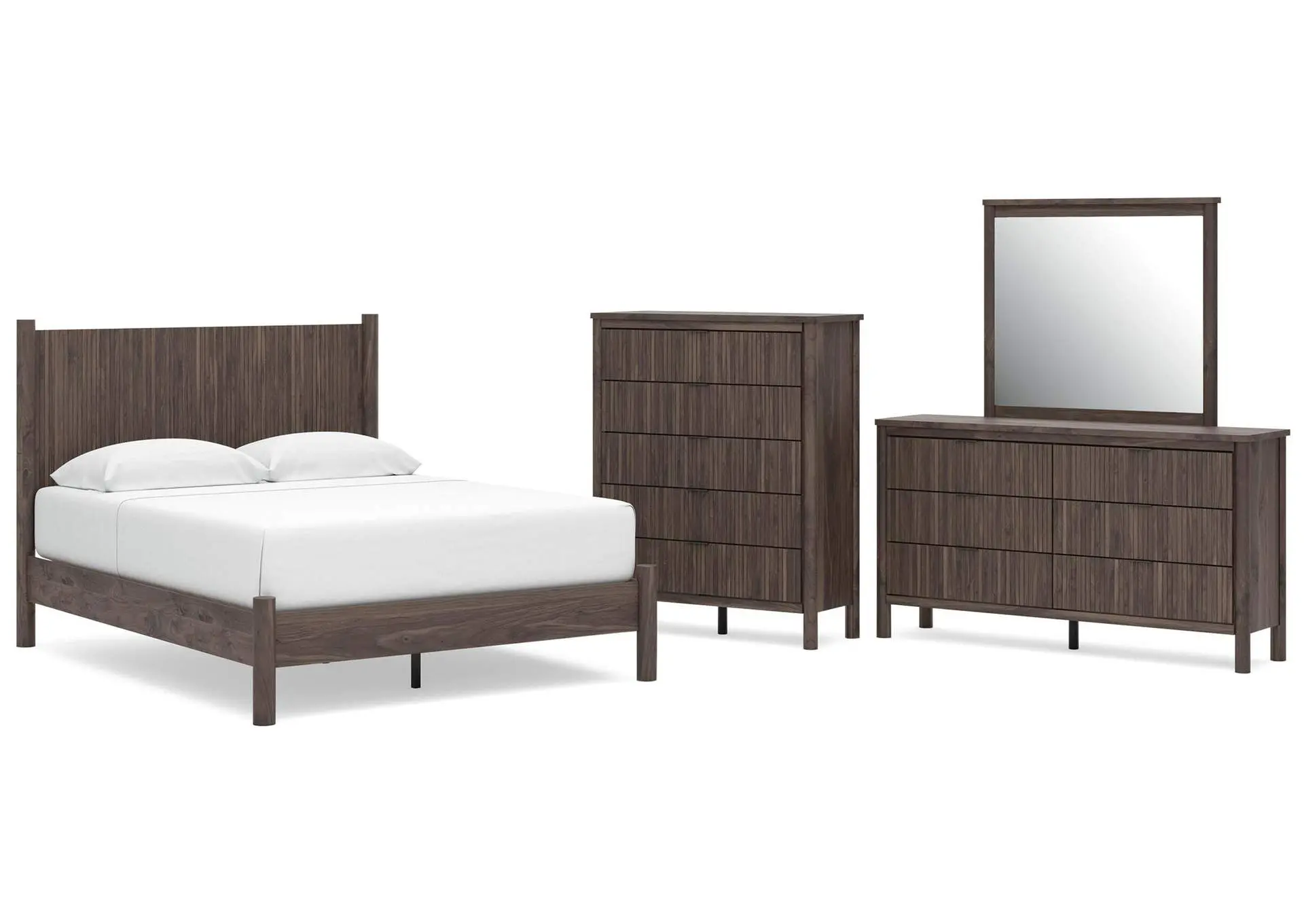 Cadmori Queen Panel Platform Bed, Dresser, Mirror and Chest