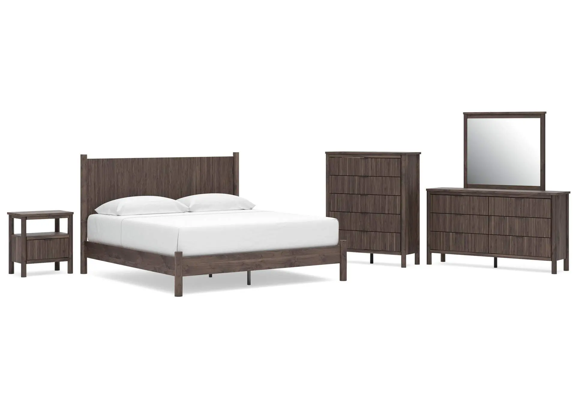 Cadmori King Panel Platform Bed, Dresser, Mirror, Chest and Nightstand