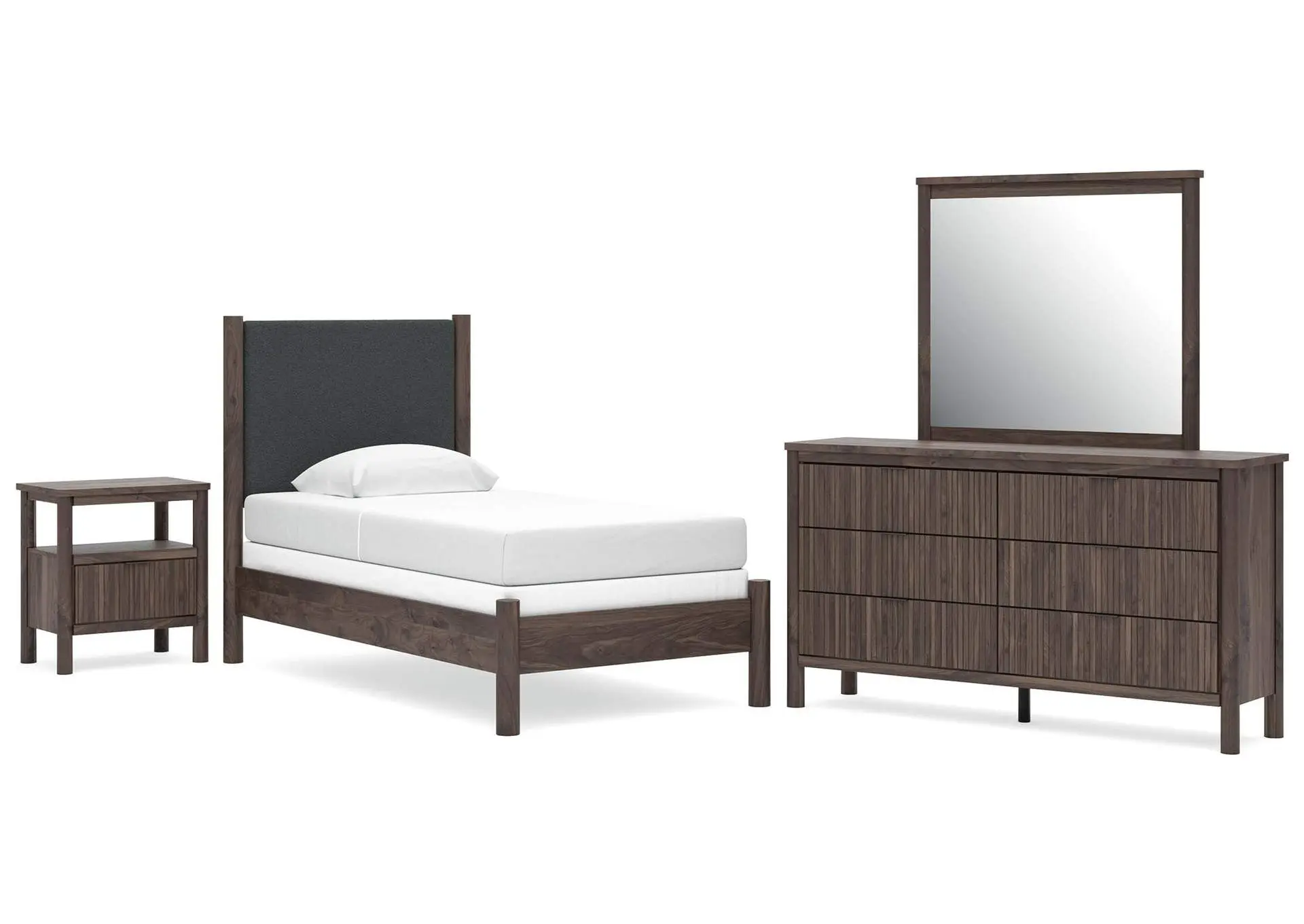 Cadmori Twin Upholstered Panel Bed, Dresser, Mirror, Chest and Nightstand