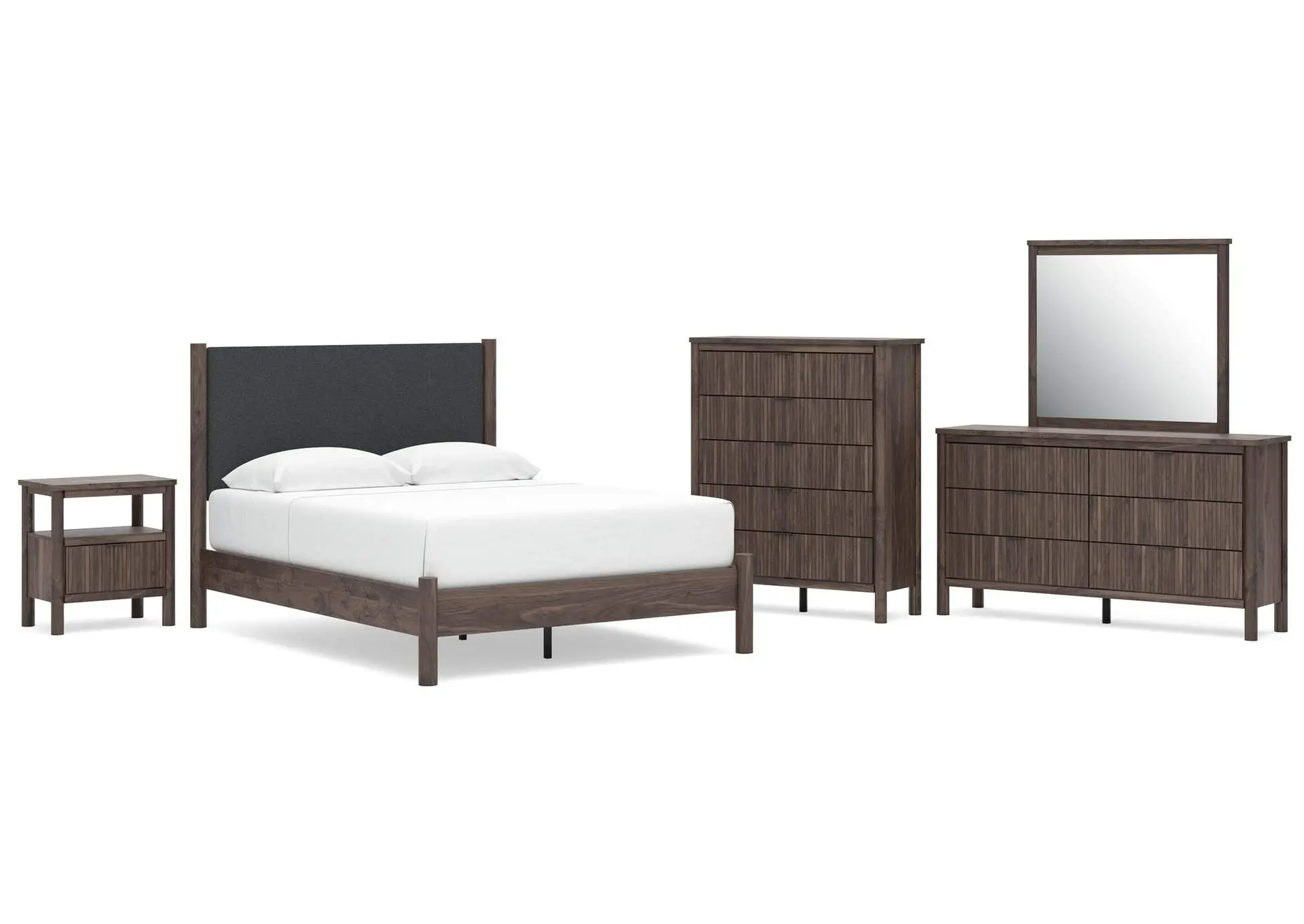 Cadmori Queen Upholstered Panel Platform Bed, Dresser, Mirror, Chest and Nightstand