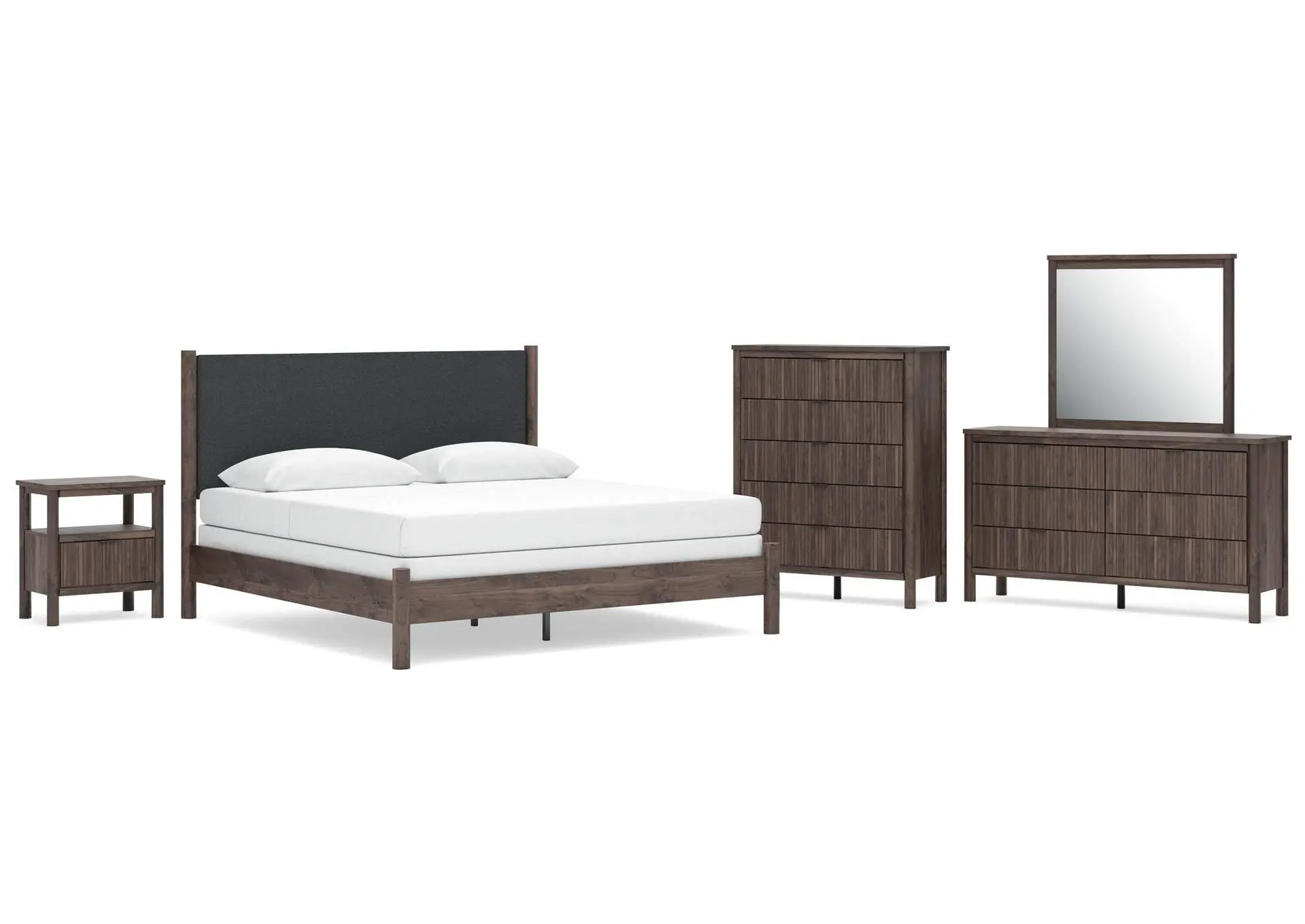 Cadmori King Upholstered Panel Bed, Dresser, Mirror, Chest and Nightstand
