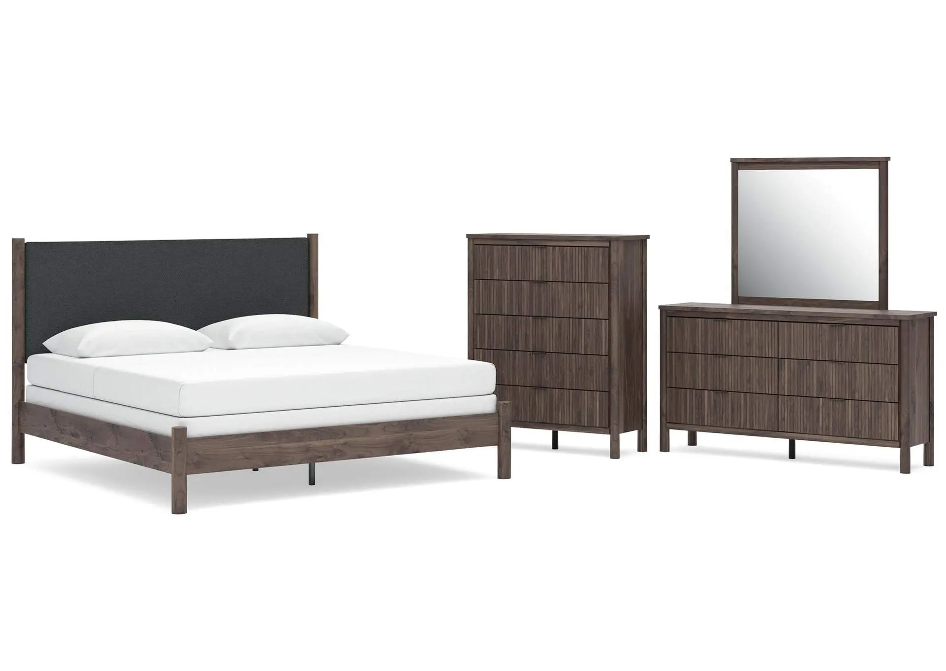 Cadmori King Upholstered Panel Bed, Dresser, Mirror and Chest