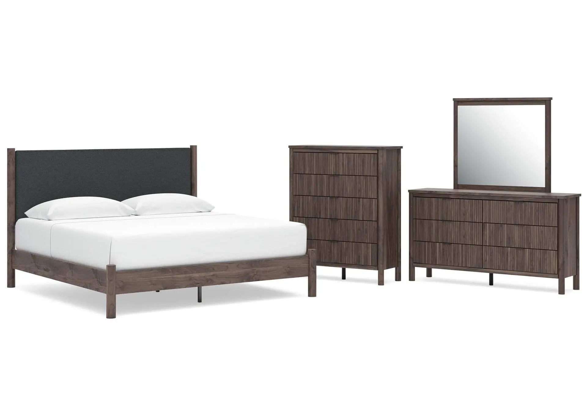 Cadmori King Upholstered Panel Platform Bed, Dresser, Mirror and Chest