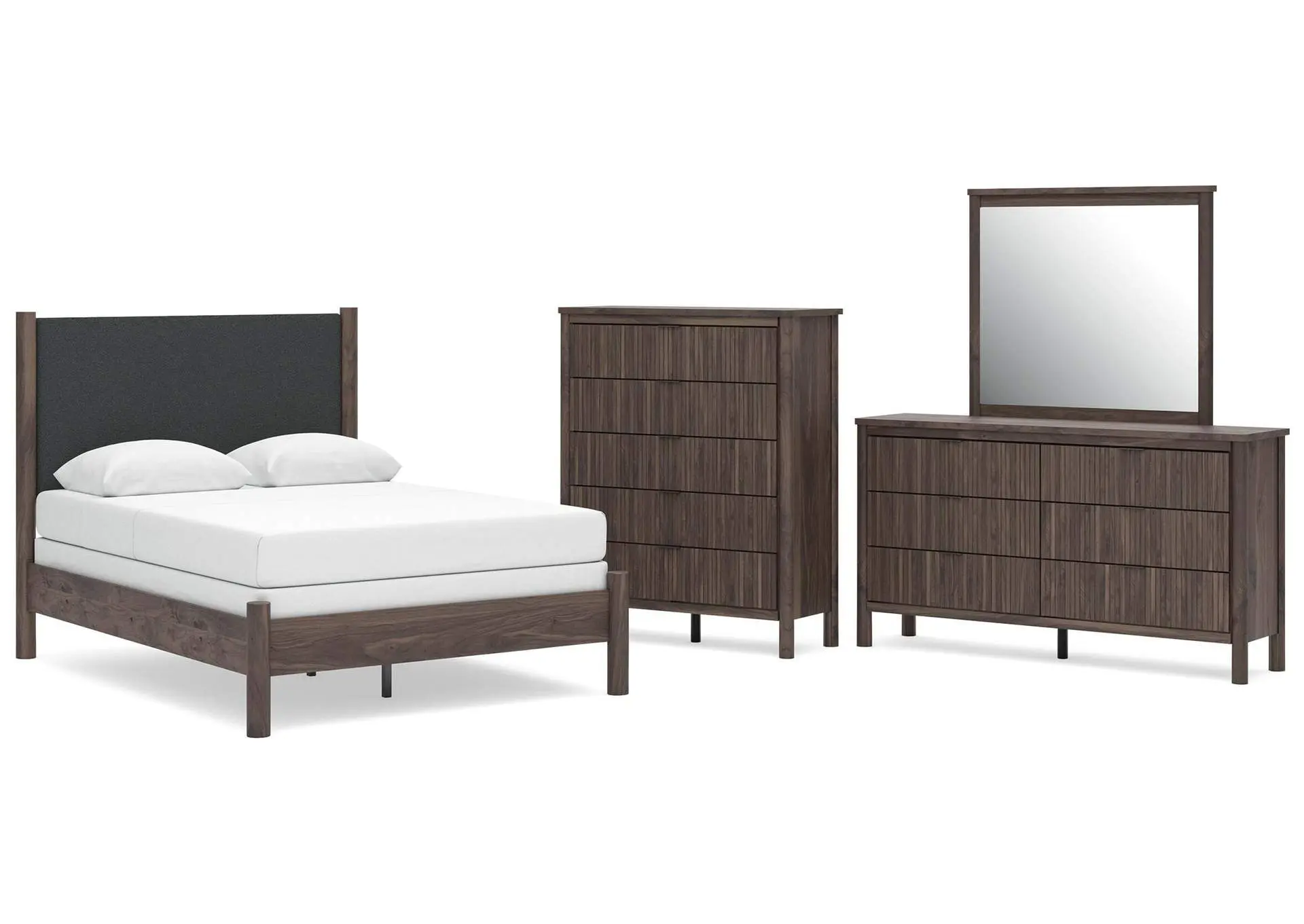 Cadmori Full Upholstered Panel Bed, Dresser and Mirror