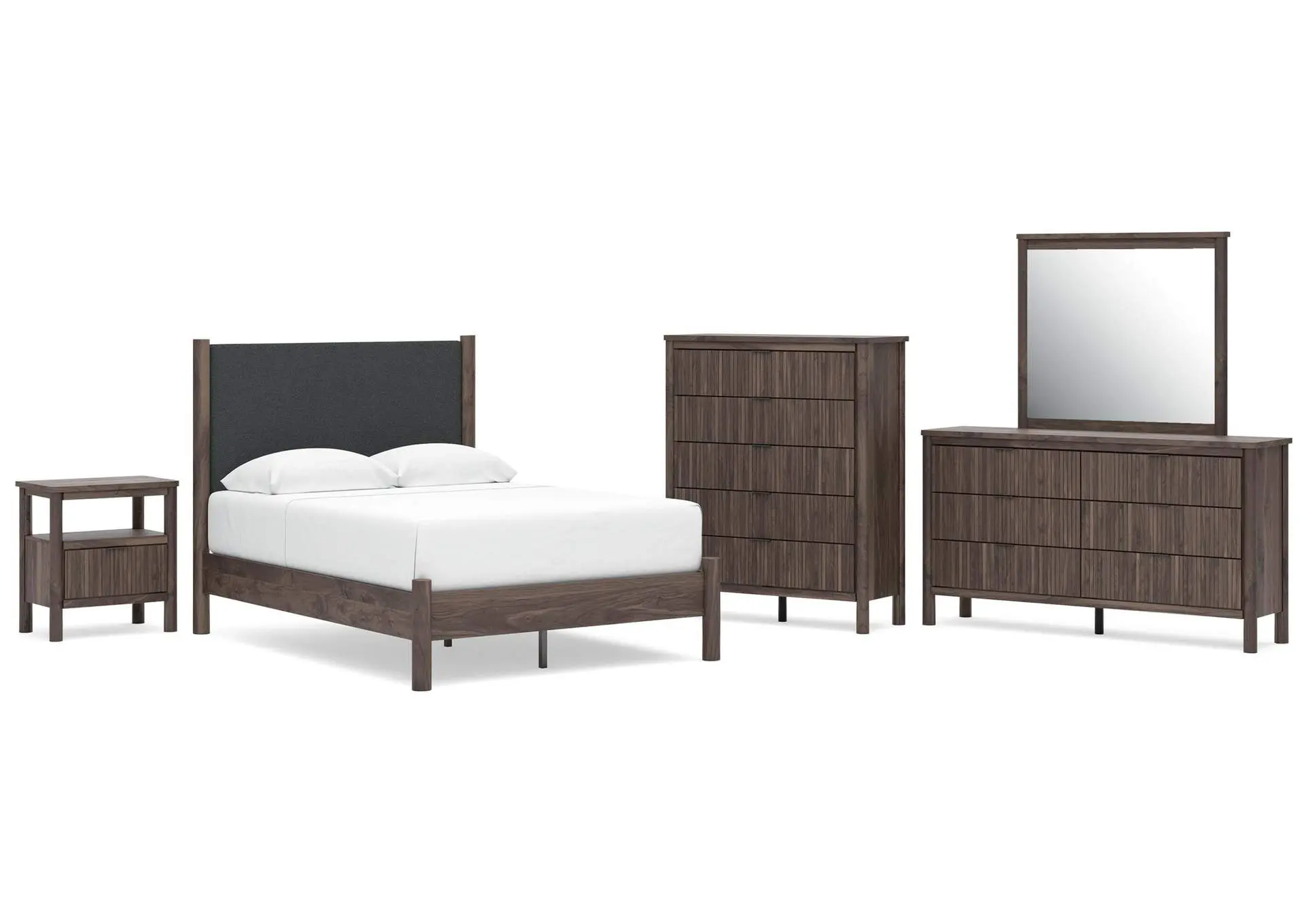 Cadmori Full Upholstered Panel Platform Bed, Dresser, Mirror, Chest and Nightstand