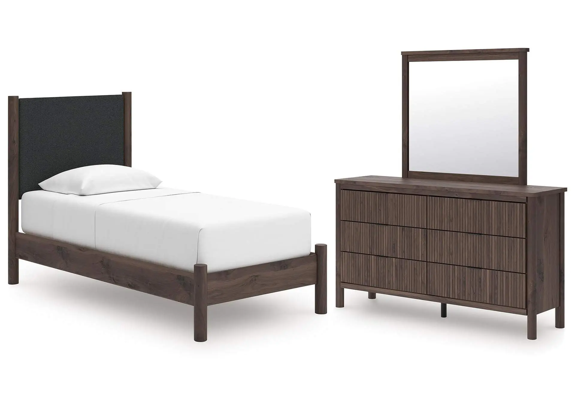 Cadmori Twin Upholstered Panel Platform Bed, Dresser and Mirror